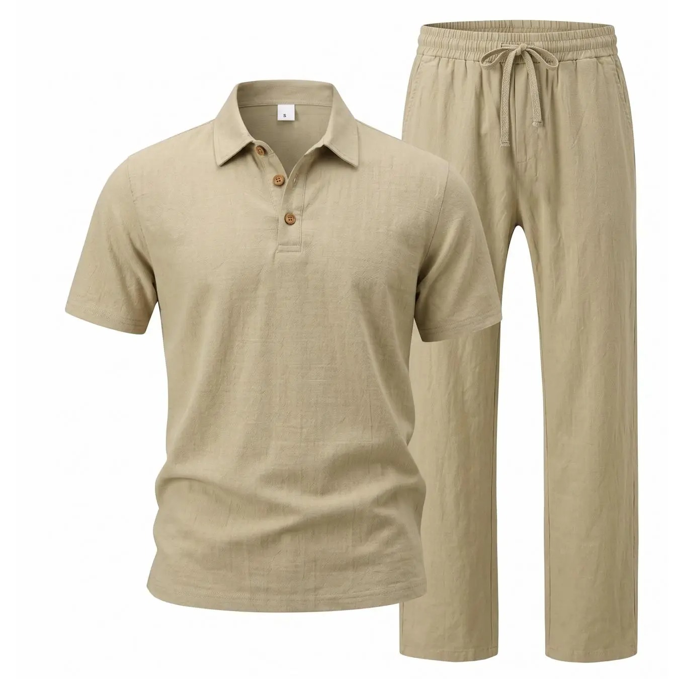 Men's Linen 2 Piece Summer Outfit - Short Sleeve Button Down Shirt & Drawstring Long Pants Casual Beach Vacation Set
