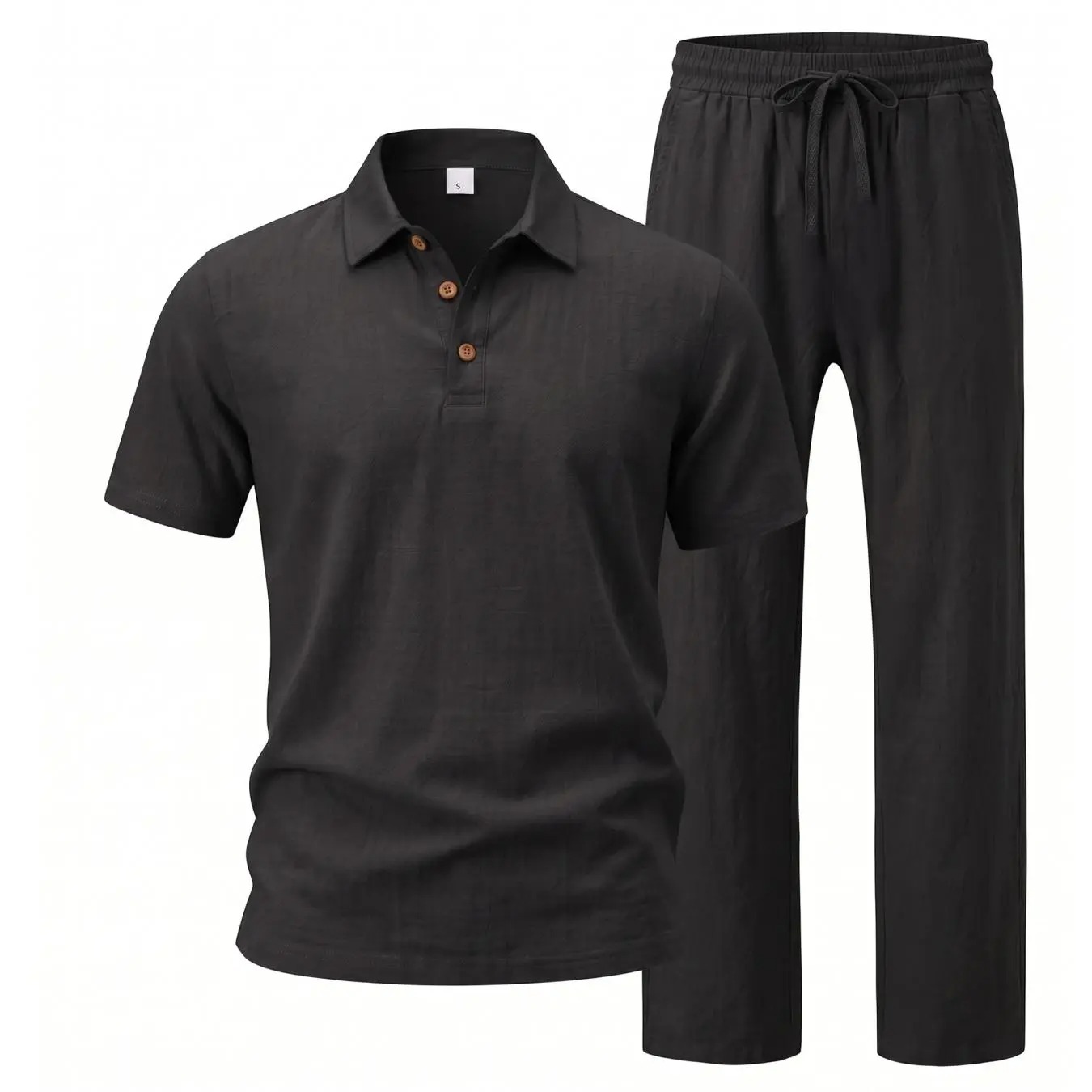 Men's Linen 2 Piece Summer Outfit - Short Sleeve Button Down Shirt & Drawstring Long Pants Casual Beach Vacation Set