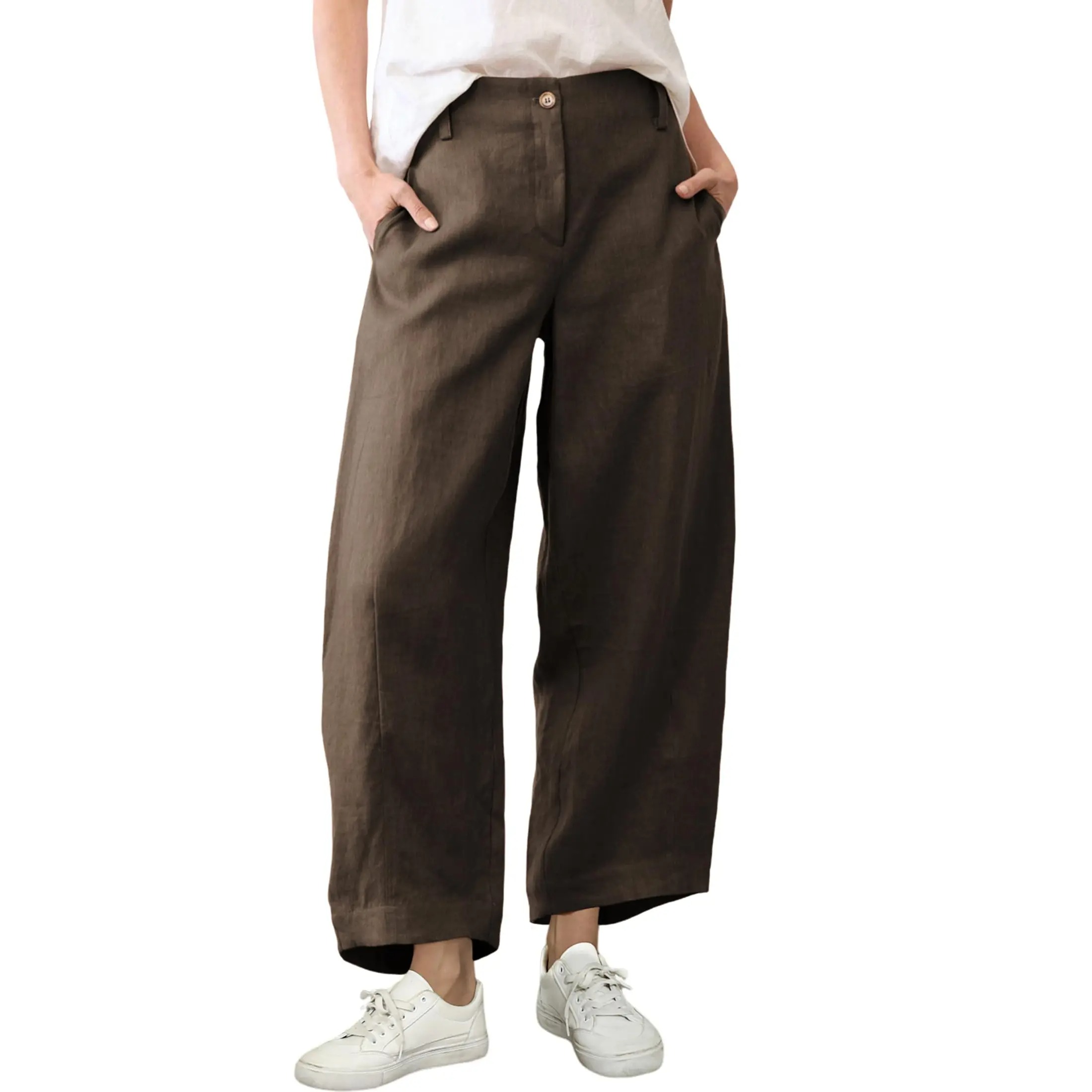 Women's High Waist Linen Blend Wide Leg Pants Casual Baggy Pull On Summer Trousers with Pockets & Zipper