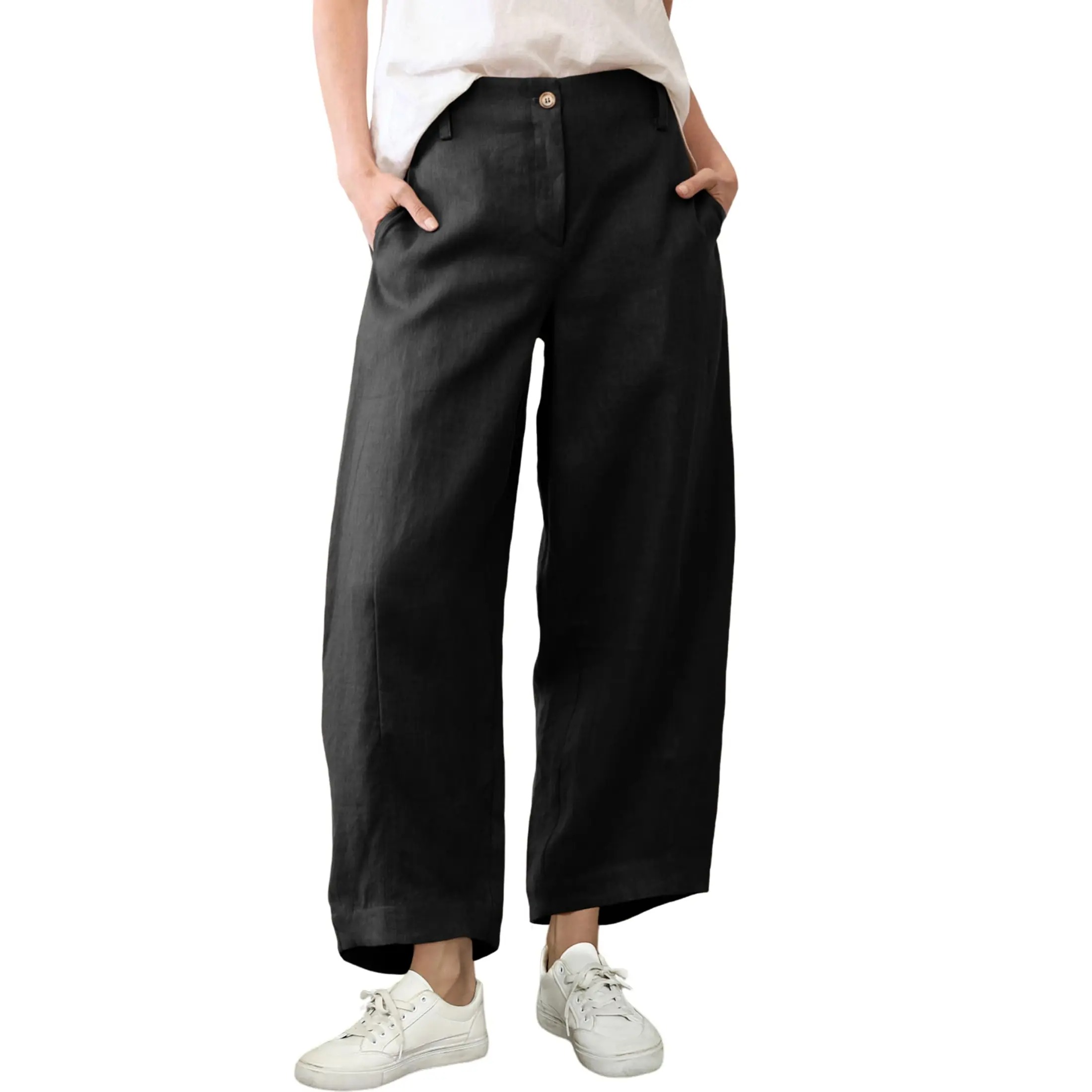 Women's High Waist Linen Blend Wide Leg Pants Casual Baggy Pull On Summer Trousers with Pockets & Zipper