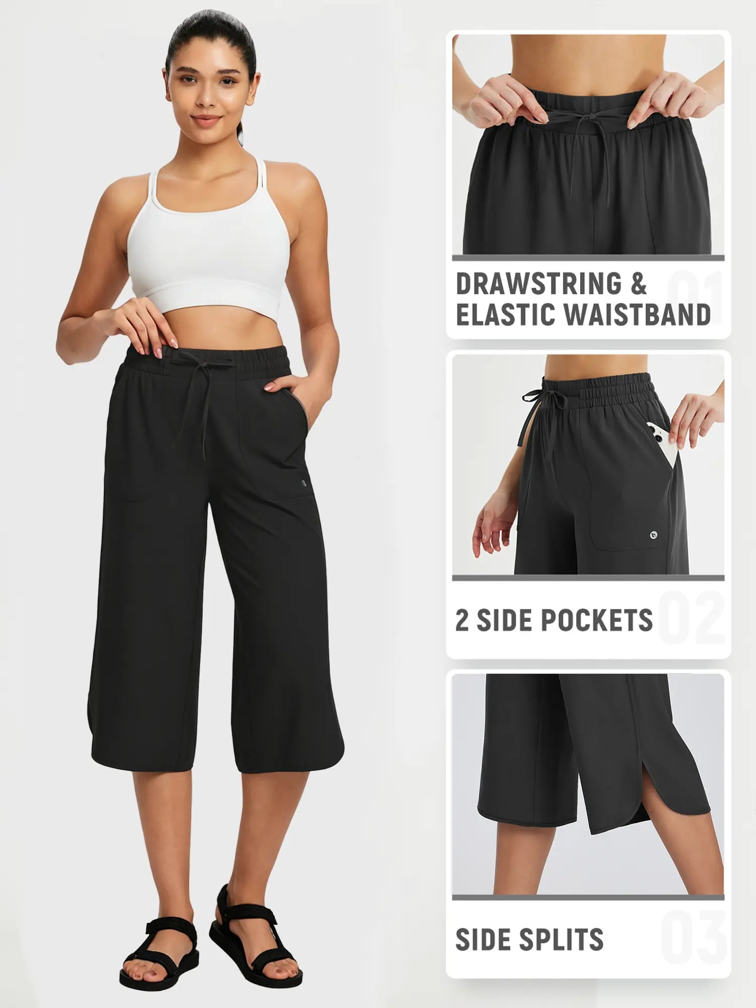 Women's High Waist 20" Wide Leg Capri Pants UPF 50+ Quick Dry Tummy Control Casual Lounge Pants with Deep Pockets