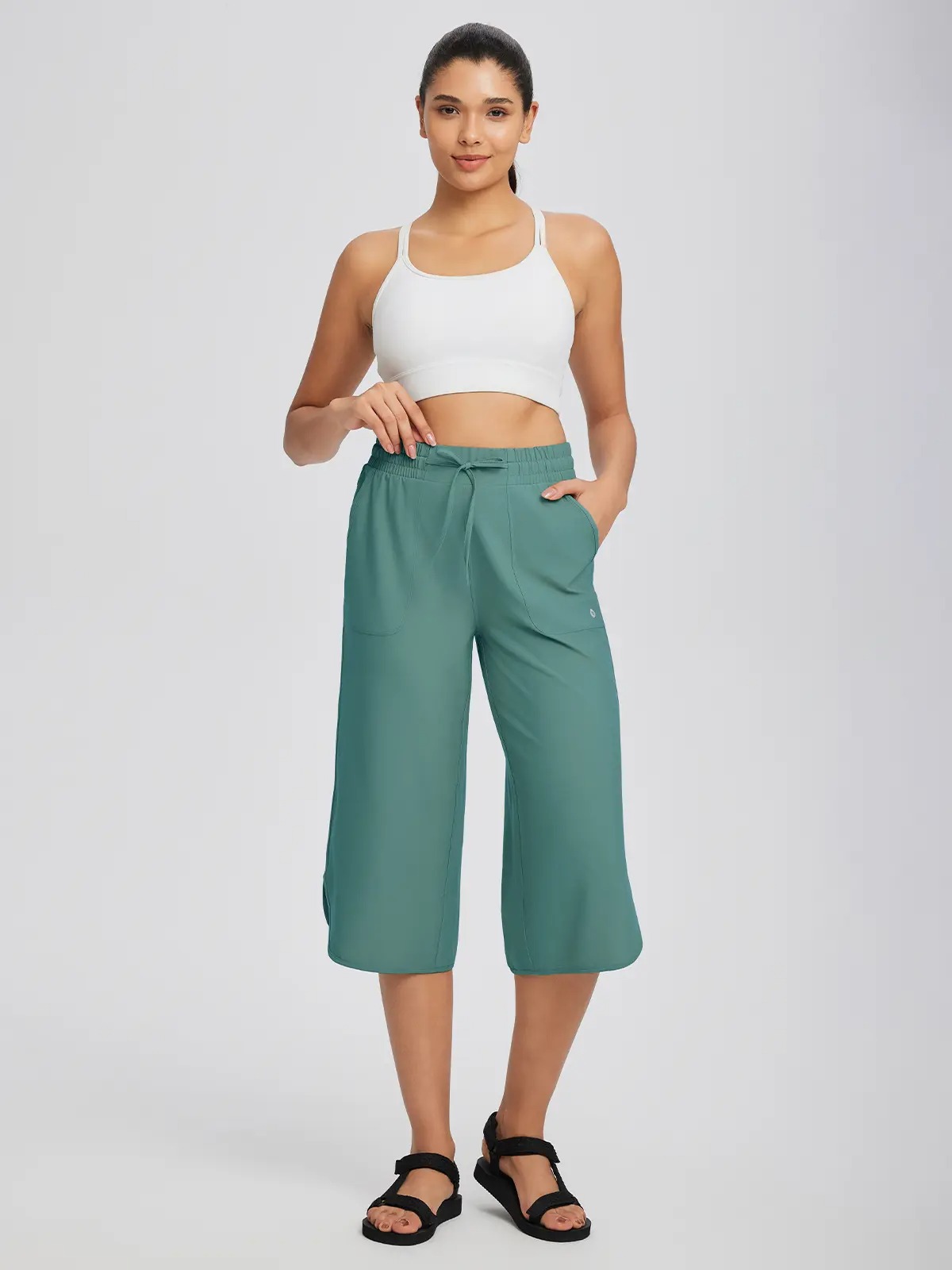 Women's High Waist 20" Wide Leg Capri Pants UPF 50+ Quick Dry Tummy Control Casual Lounge Pants with Deep Pockets