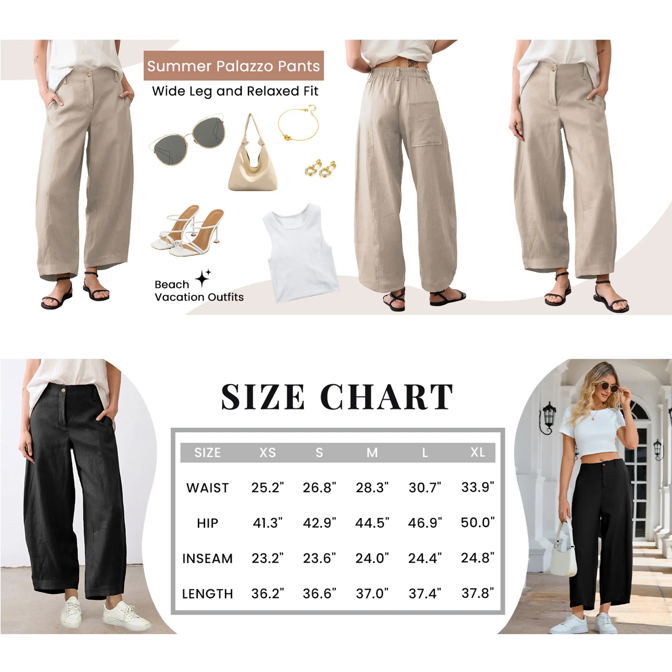 Women's High Waist Linen Blend Wide Leg Pants Casual Baggy Pull On Summer Trousers with Pockets & Zipper