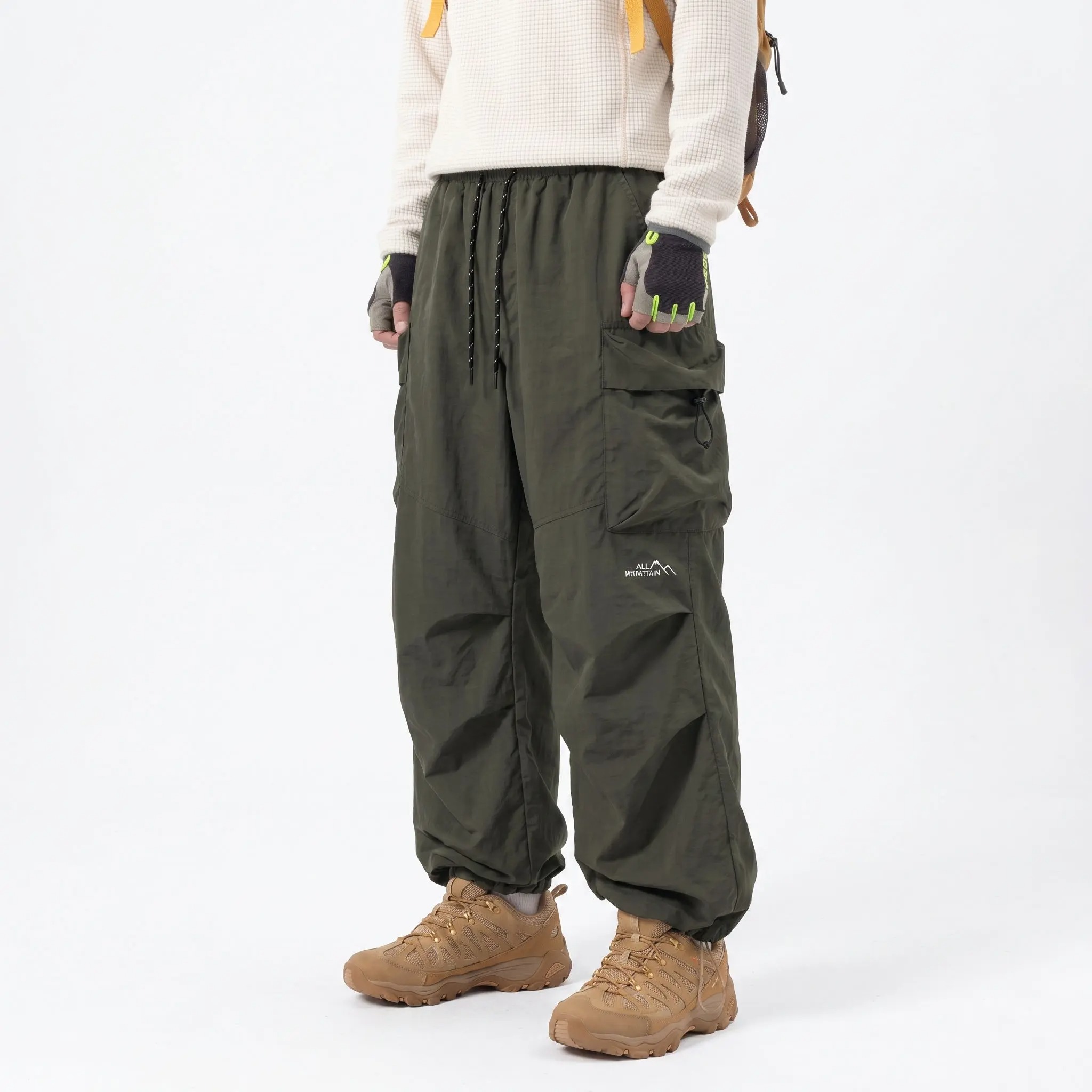Men's Baggy Parachute Cargo Pants Lightweight Water Resistant Elastic Waist Gorpcore Streetwear Trousers with Pockets