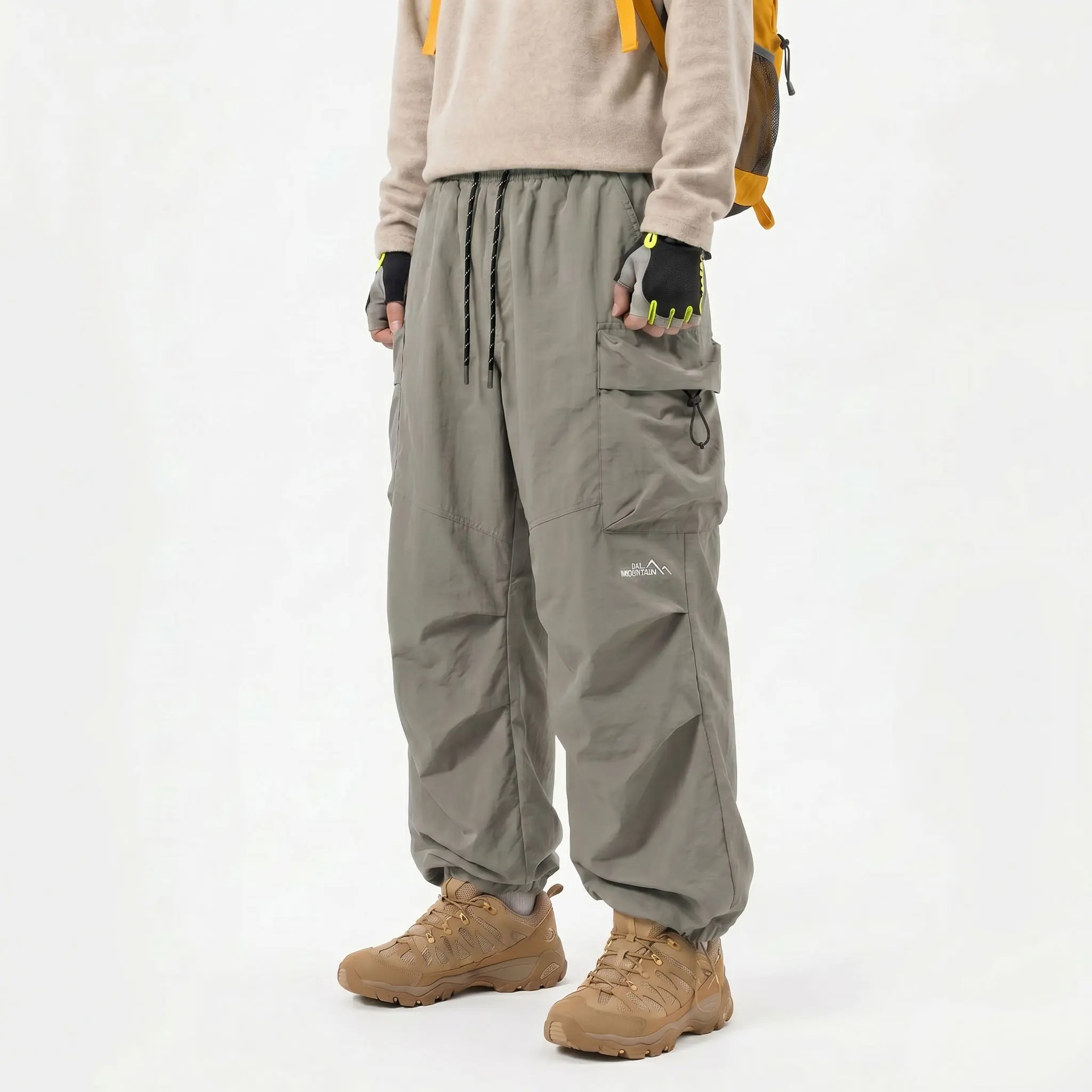Men's Baggy Parachute Cargo Pants Lightweight Water Resistant Elastic Waist Gorpcore Streetwear Trousers with Pockets