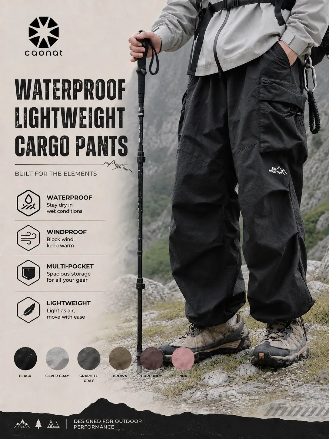Men's Baggy Parachute Cargo Pants Lightweight Water Resistant Elastic Waist Gorpcore Streetwear Trousers with Pockets