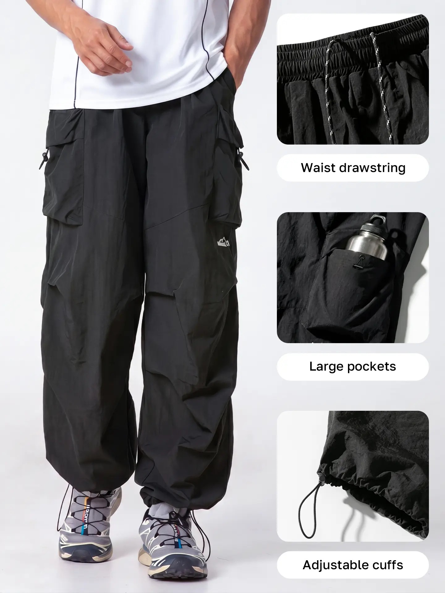 Men's Baggy Parachute Cargo Pants Lightweight Water Resistant Elastic Waist Gorpcore Streetwear Trousers with Pockets