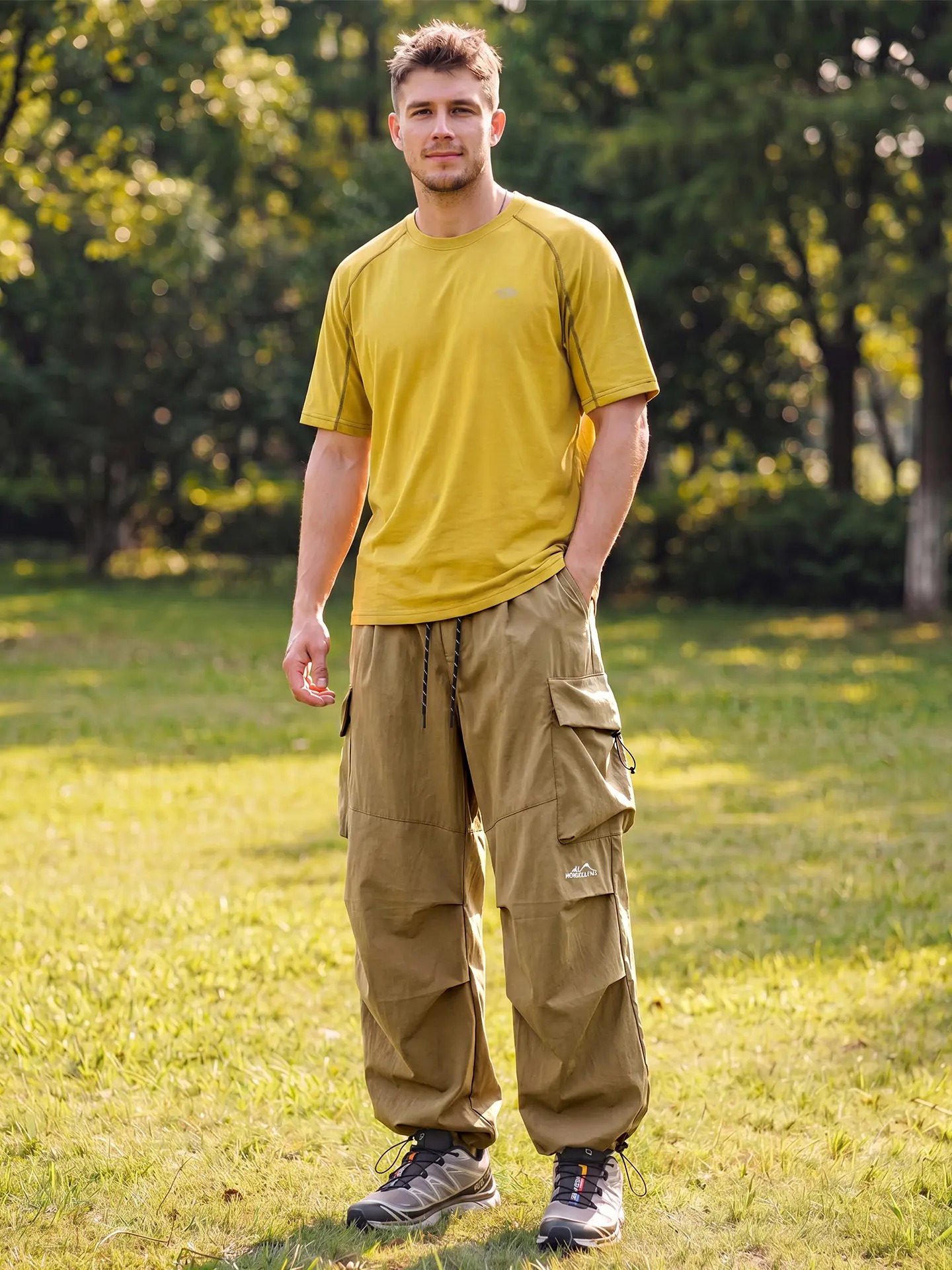 Men's Baggy Parachute Cargo Pants Lightweight Water Resistant Elastic Waist Gorpcore Streetwear Trousers with Pockets
