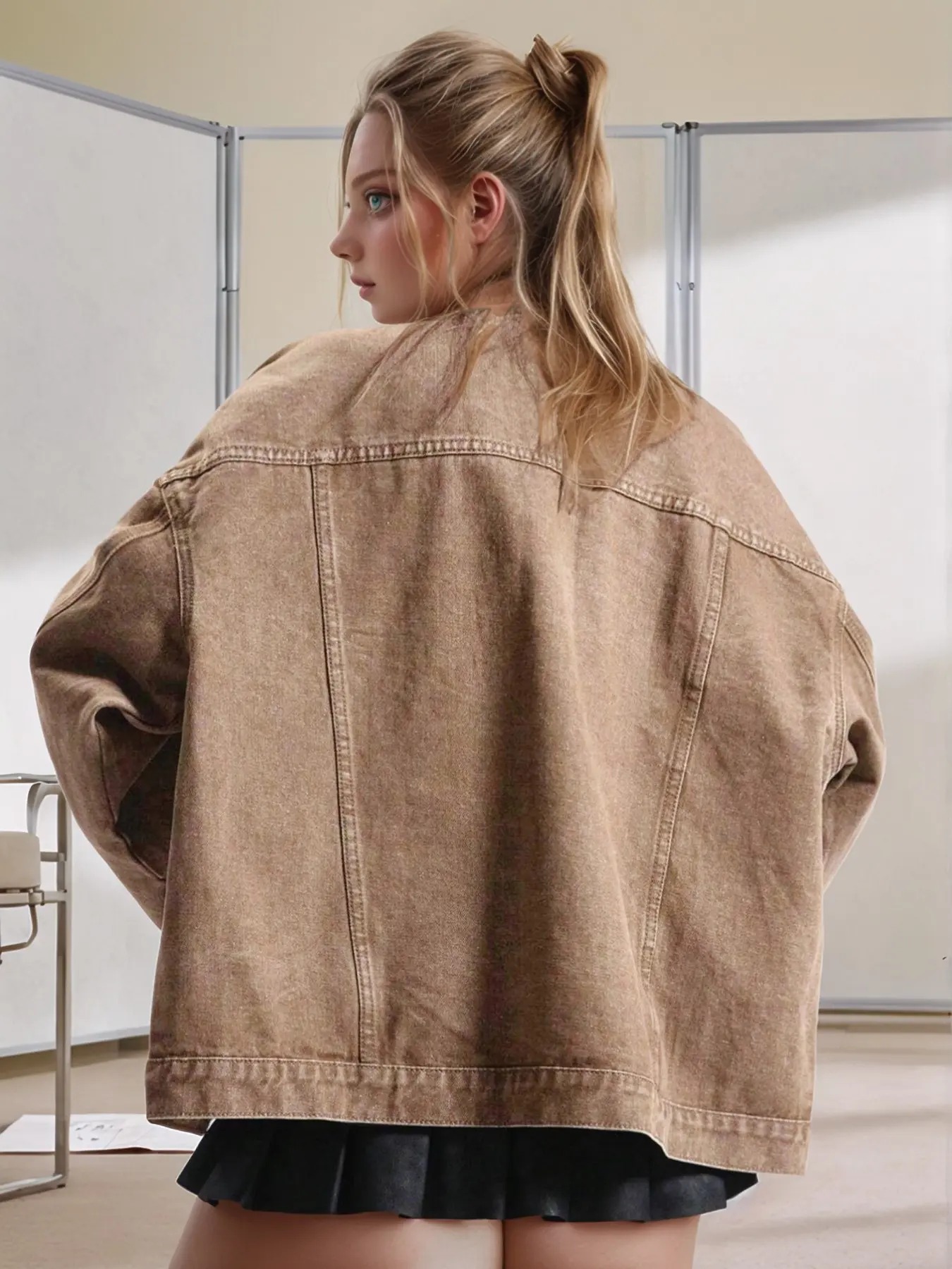 Women's Basic Button Front Denim Jacket Casual Collared Long Sleeve Drop Shoulder Fitted Outerwear with Pockets