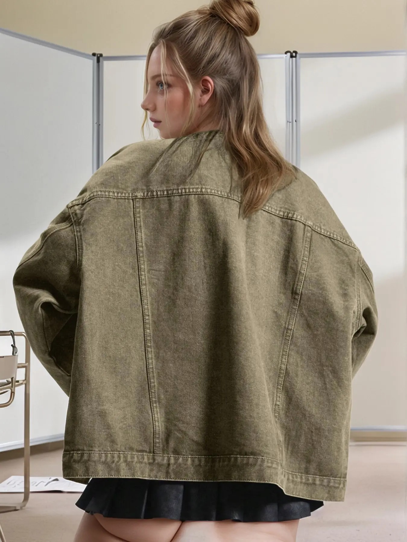 Women's Basic Button Front Denim Jacket Casual Collared Long Sleeve Drop Shoulder Fitted Outerwear with Pockets