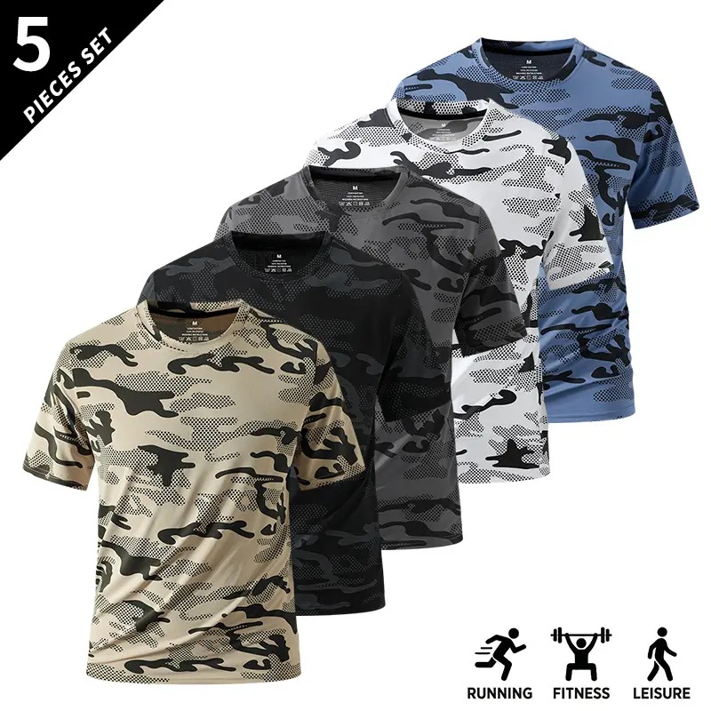 Men's Camo Print Short Sleeve Shirts Stretch Breathable Crew Neck Casual Tops for Outdoor Fitness Daily Wear