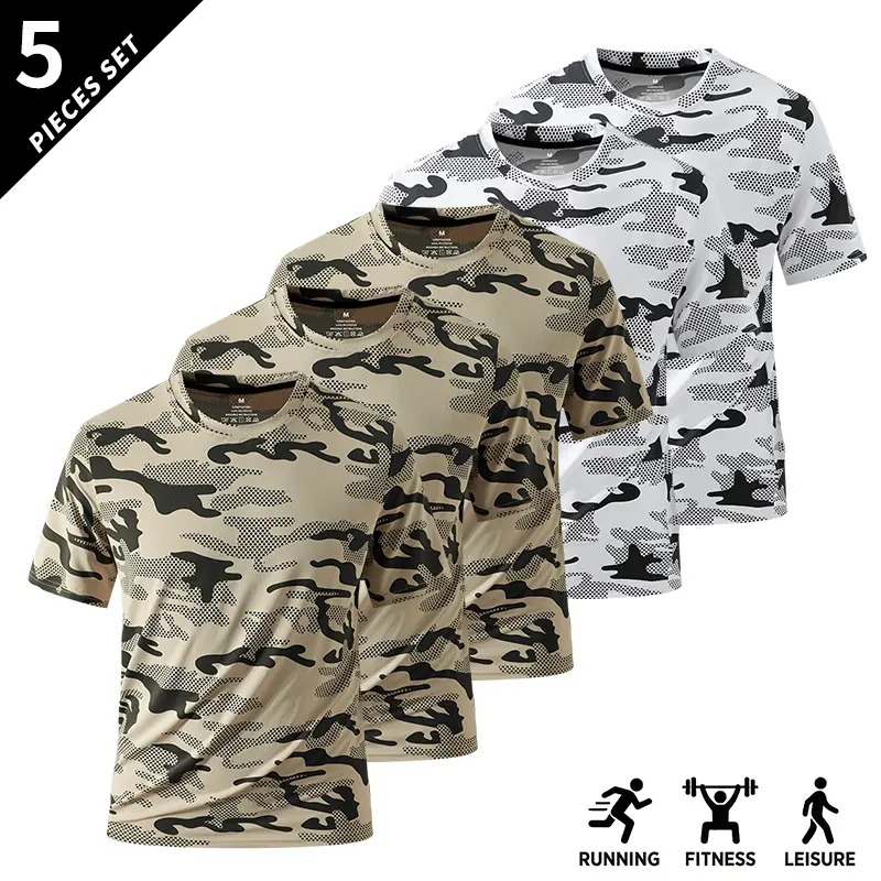 Men's Camo Print Short Sleeve Shirts Stretch Breathable Crew Neck Casual Tops for Outdoor Fitness Daily Wear