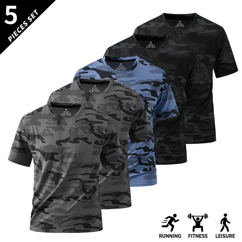 Men's Camo Print Short Sleeve Shirts Stretch Breathable Crew Neck Casual Tops for Outdoor Fitness Daily Wear