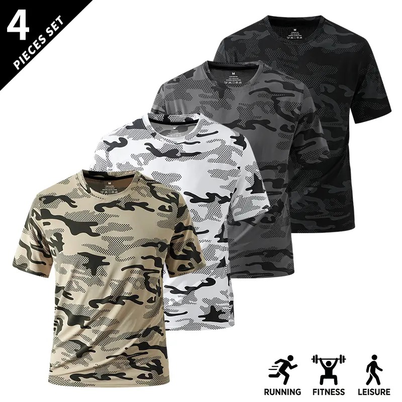 Men's Camo Print Short Sleeve Shirts Stretch Breathable Crew Neck Casual Tops for Outdoor Fitness Daily Wear