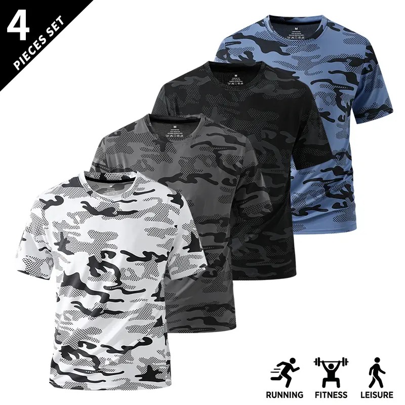 Men's Camo Print Short Sleeve Shirts Stretch Breathable Crew Neck Casual Tops for Outdoor Fitness Daily Wear
