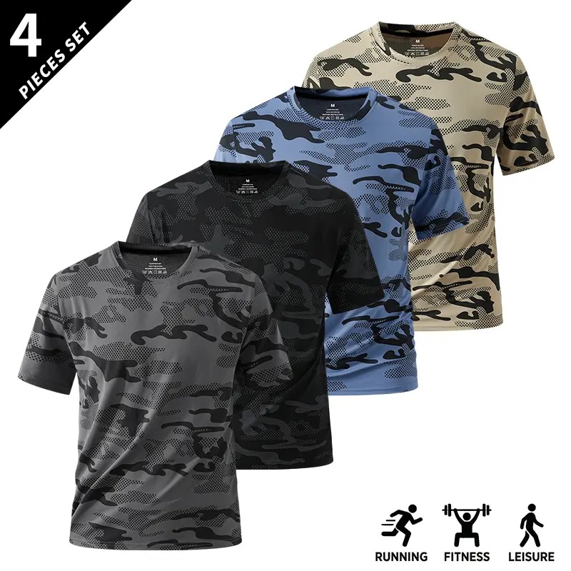 Men's Camo Print Short Sleeve Shirts Stretch Breathable Crew Neck Casual Tops for Outdoor Fitness Daily Wear