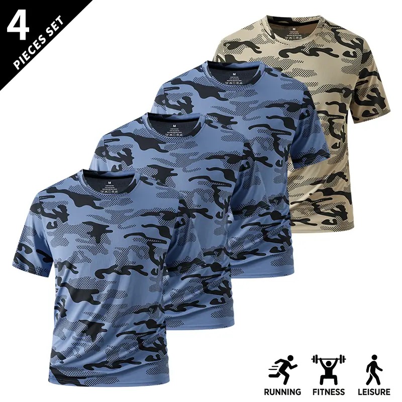 Men's Camo Print Short Sleeve Shirts Stretch Breathable Crew Neck Casual Tops for Outdoor Fitness Daily Wear