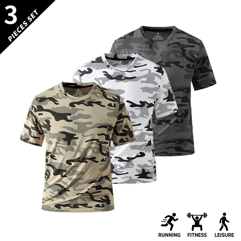 Men's Camo Print Short Sleeve Shirts Stretch Breathable Crew Neck Casual Tops for Outdoor Fitness Daily Wear