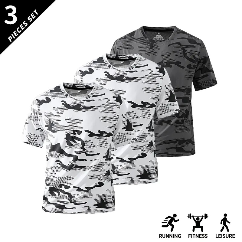 Men's Camo Print Short Sleeve Shirts Stretch Breathable Crew Neck Casual Tops for Outdoor Fitness Daily Wear