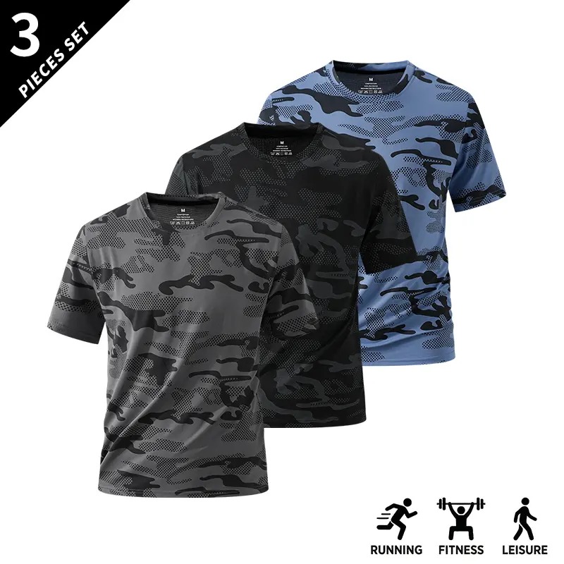 Men's Camo Print Short Sleeve Shirts Stretch Breathable Crew Neck Casual Tops for Outdoor Fitness Daily Wear