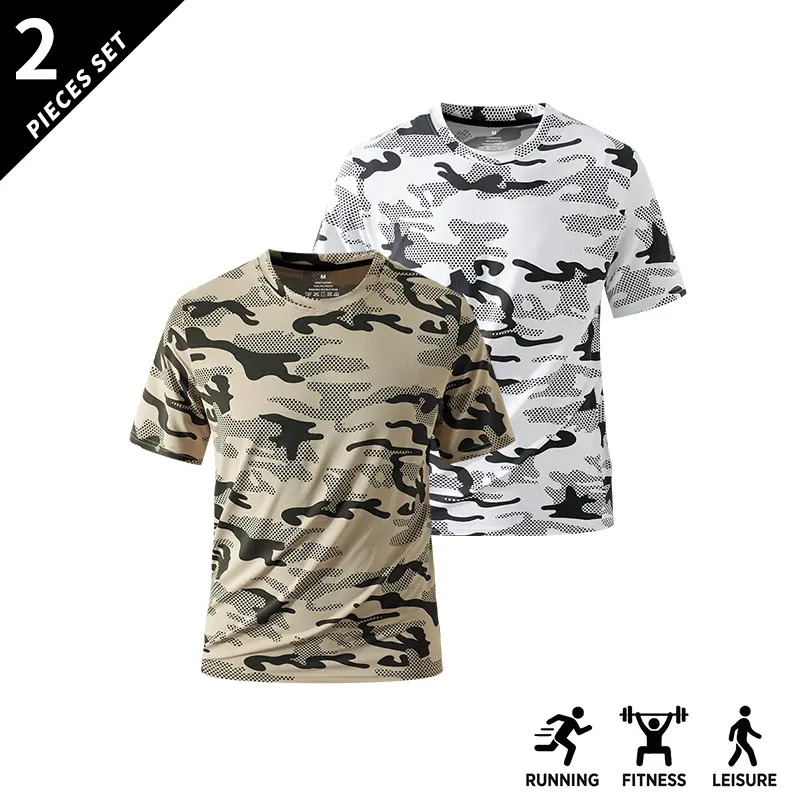 Men's Camo Print Short Sleeve Shirts Stretch Breathable Crew Neck Casual Tops for Outdoor Fitness Daily Wear