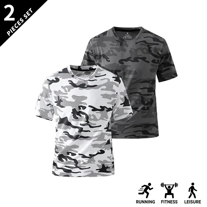 Men's Camo Print Short Sleeve Shirts Stretch Breathable Crew Neck Casual Tops for Outdoor Fitness Daily Wear