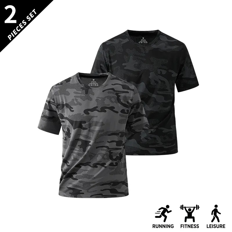 Men's Camo Print Short Sleeve Shirts Stretch Breathable Crew Neck Casual Tops for Outdoor Fitness Daily Wear