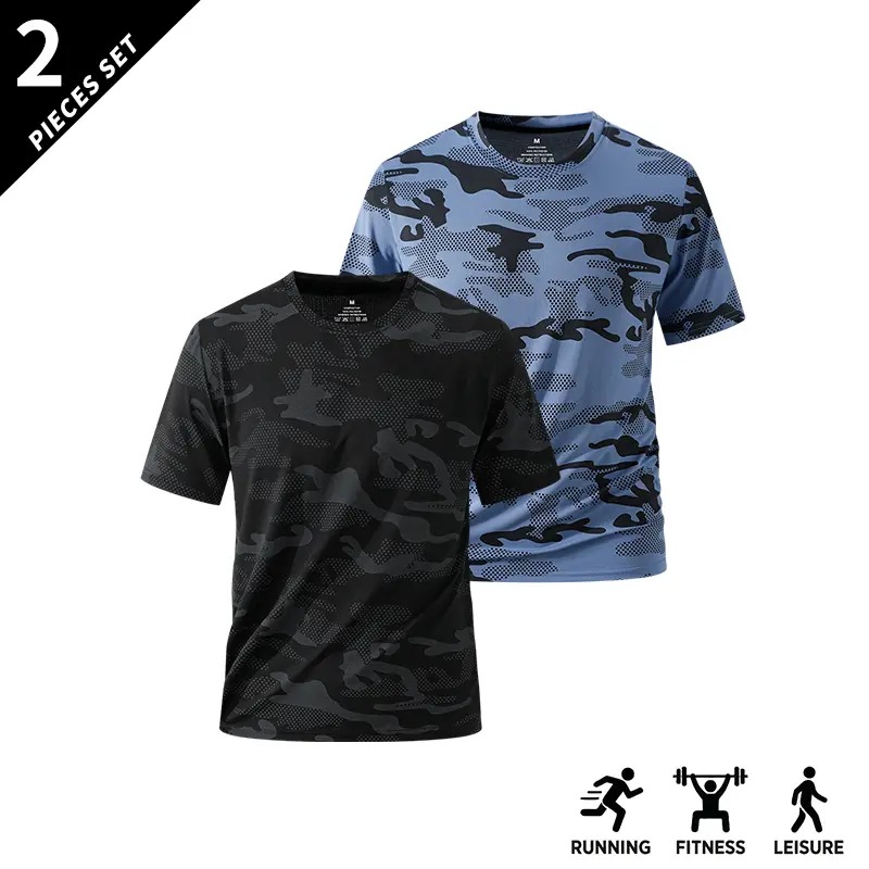 Men's Camo Print Short Sleeve Shirts Stretch Breathable Crew Neck Casual Tops for Outdoor Fitness Daily Wear