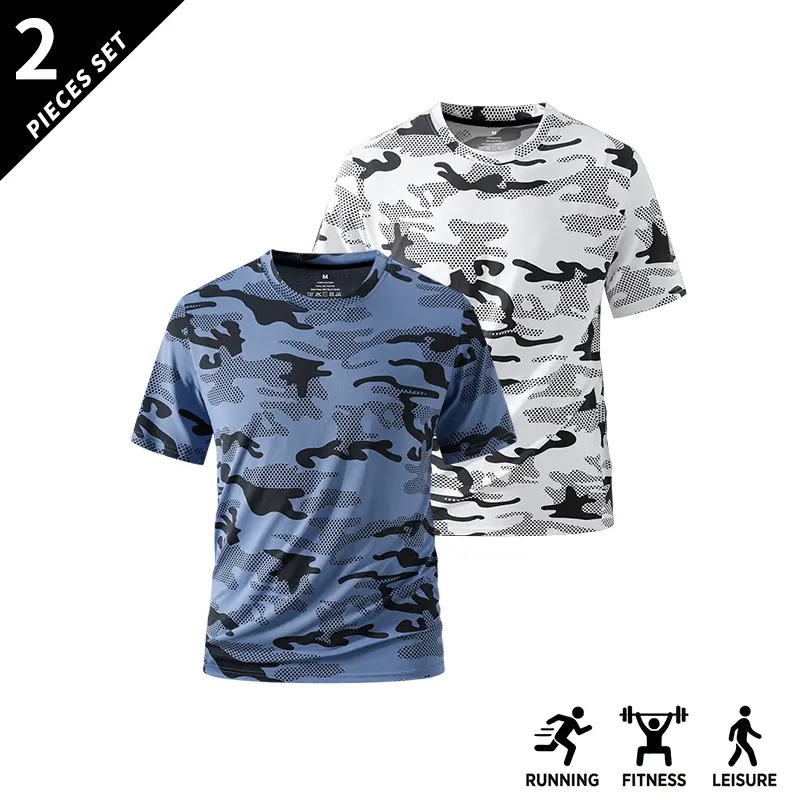 Men's Camo Print Short Sleeve Shirts Stretch Breathable Crew Neck Casual Tops for Outdoor Fitness Daily Wear