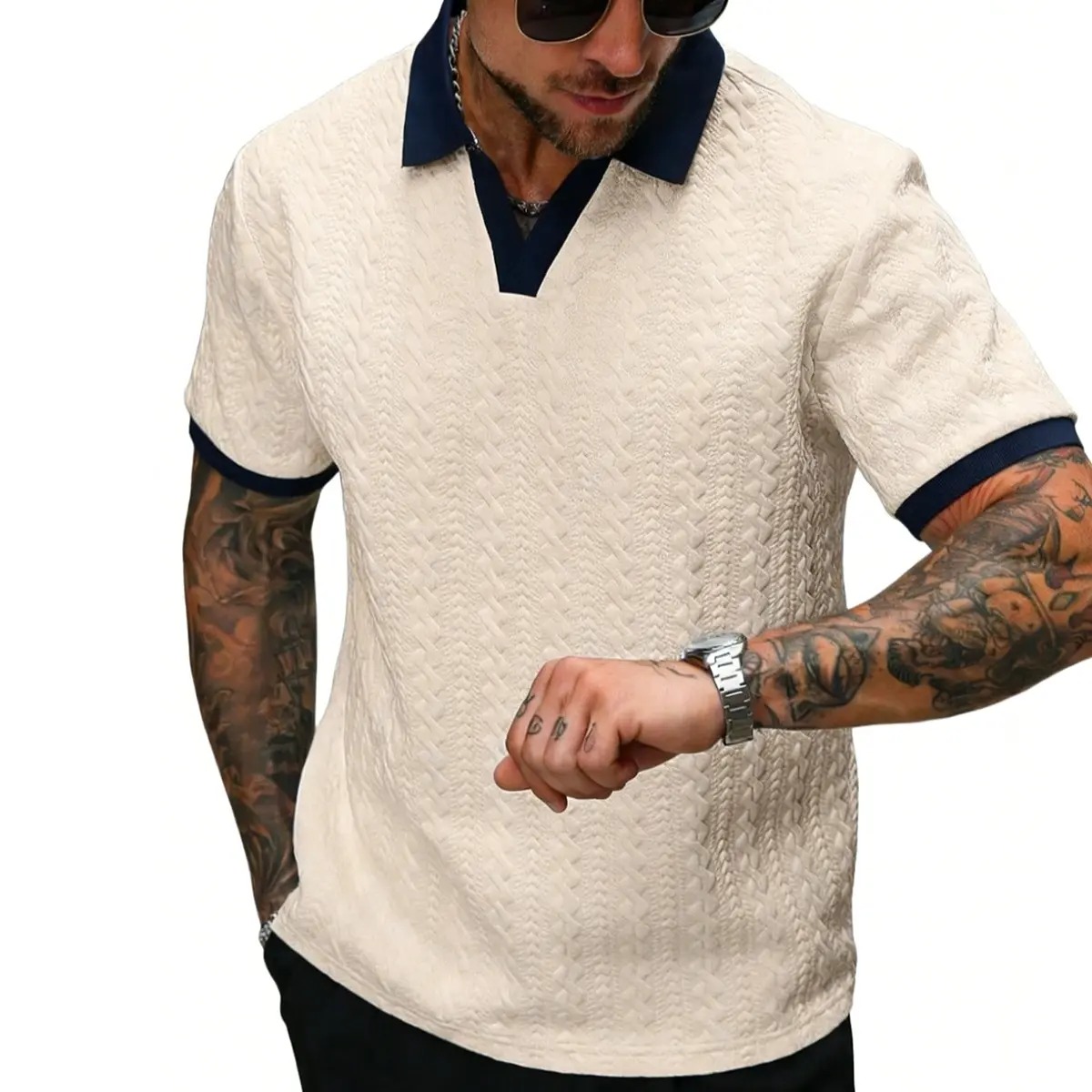 Men's Contrast Textured Knit Polo Shirt V-Neck Short Sleeve Old Money Casual Commuter Summer Tops