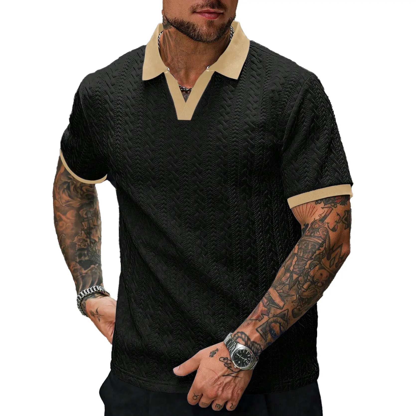 Men's Contrast Textured Knit Polo Shirt V-Neck Short Sleeve Old Money Casual Commuter Summer Tops