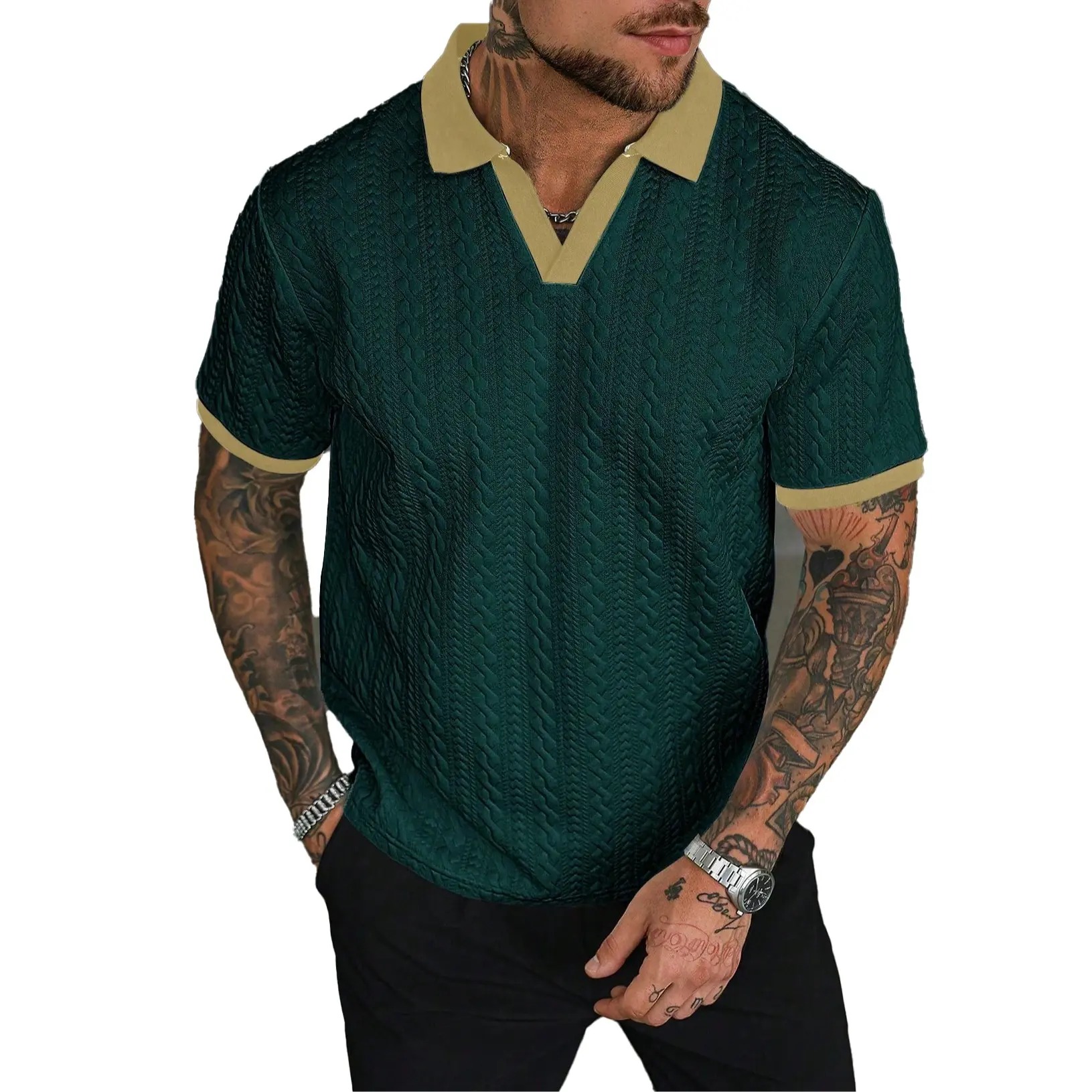Men's Contrast Textured Knit Polo Shirt V-Neck Short Sleeve Old Money Casual Commuter Summer Tops