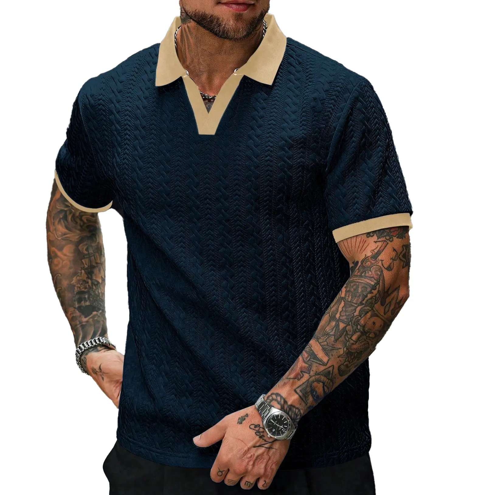 Men's Contrast Textured Knit Polo Shirt V-Neck Short Sleeve Old Money Casual Commuter Summer Tops
