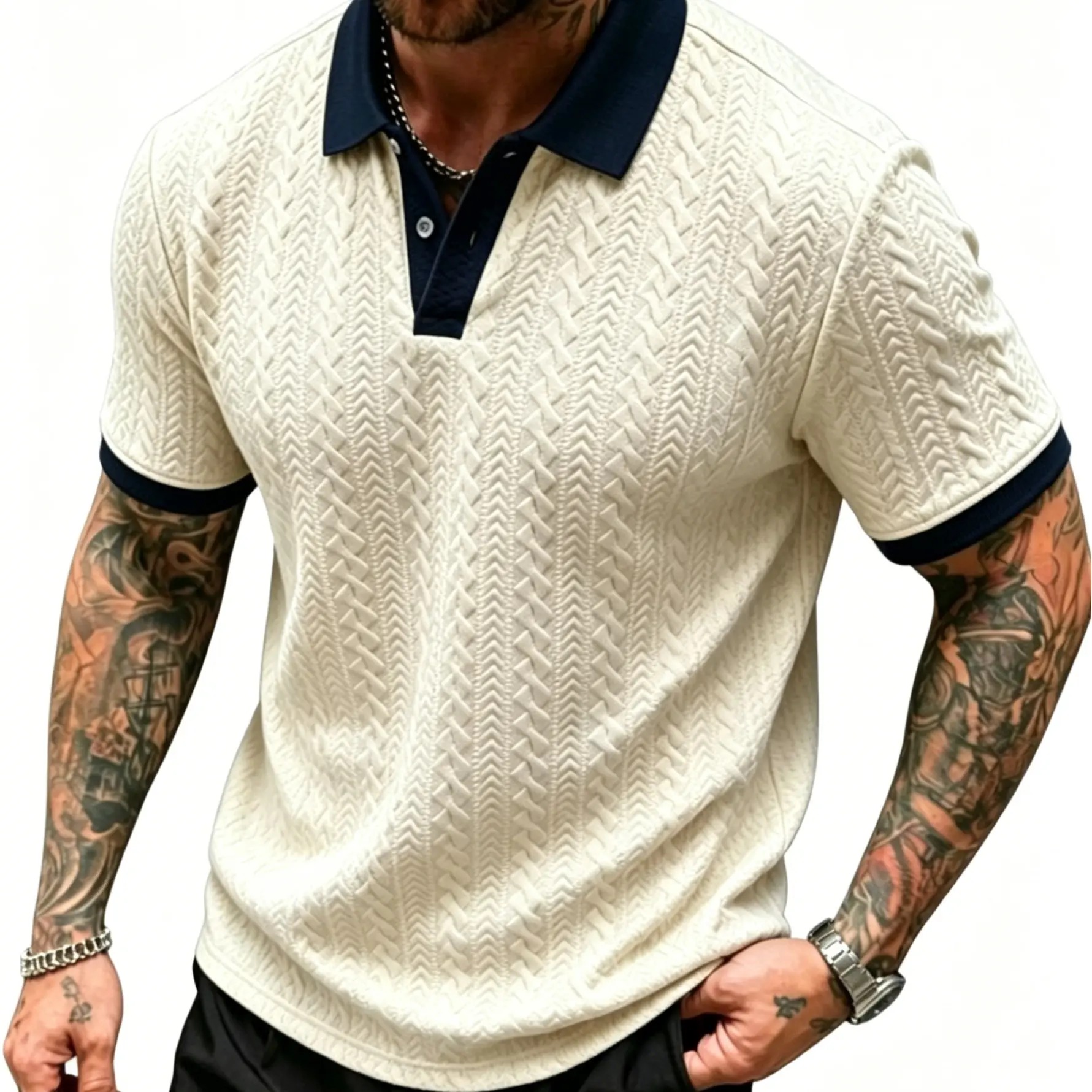 Men's Contrast Textured Knit Polo Shirt V-Neck Short Sleeve Old Money Casual Commuter Summer Tops