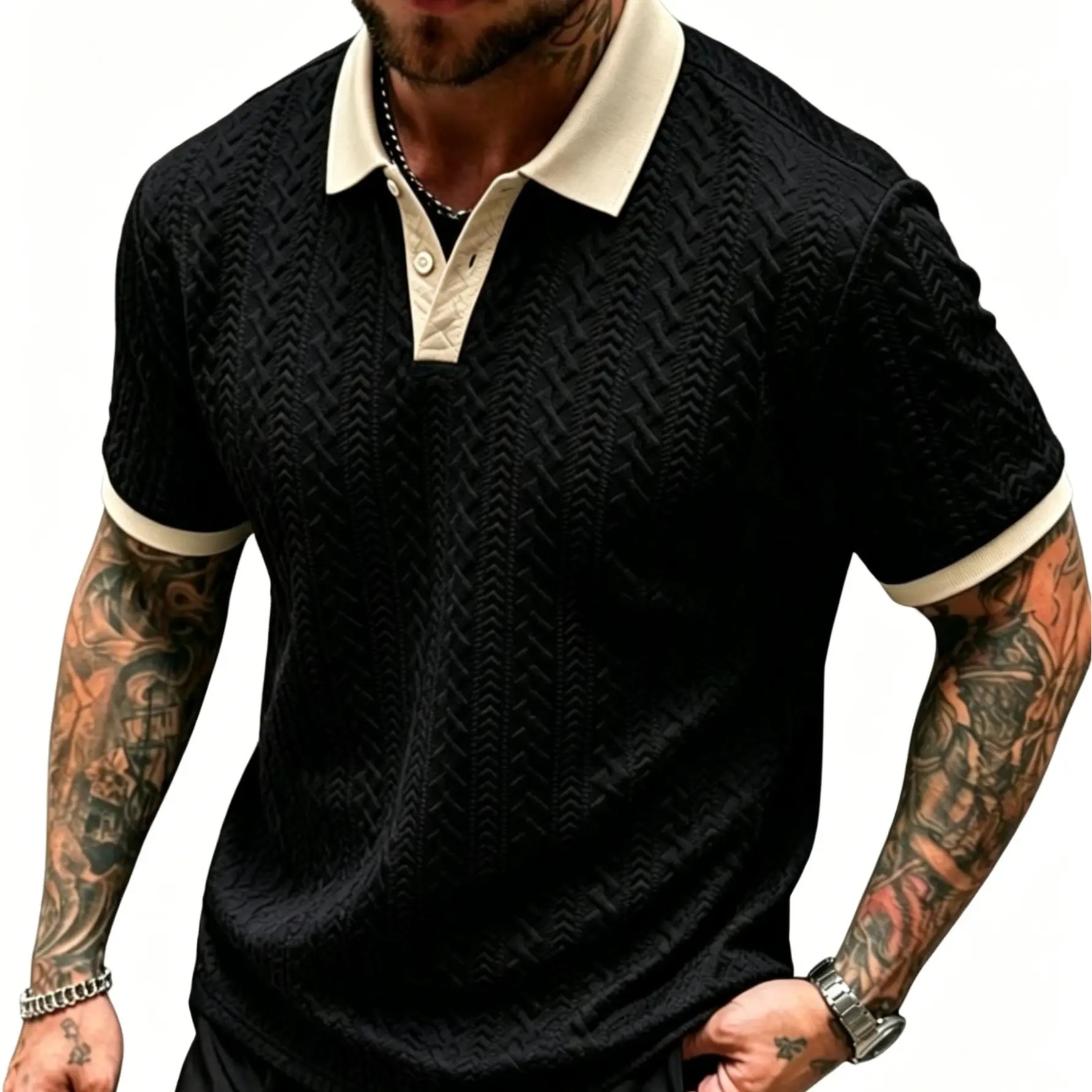 Men's Contrast Textured Knit Polo Shirt V-Neck Short Sleeve Old Money Casual Commuter Summer Tops