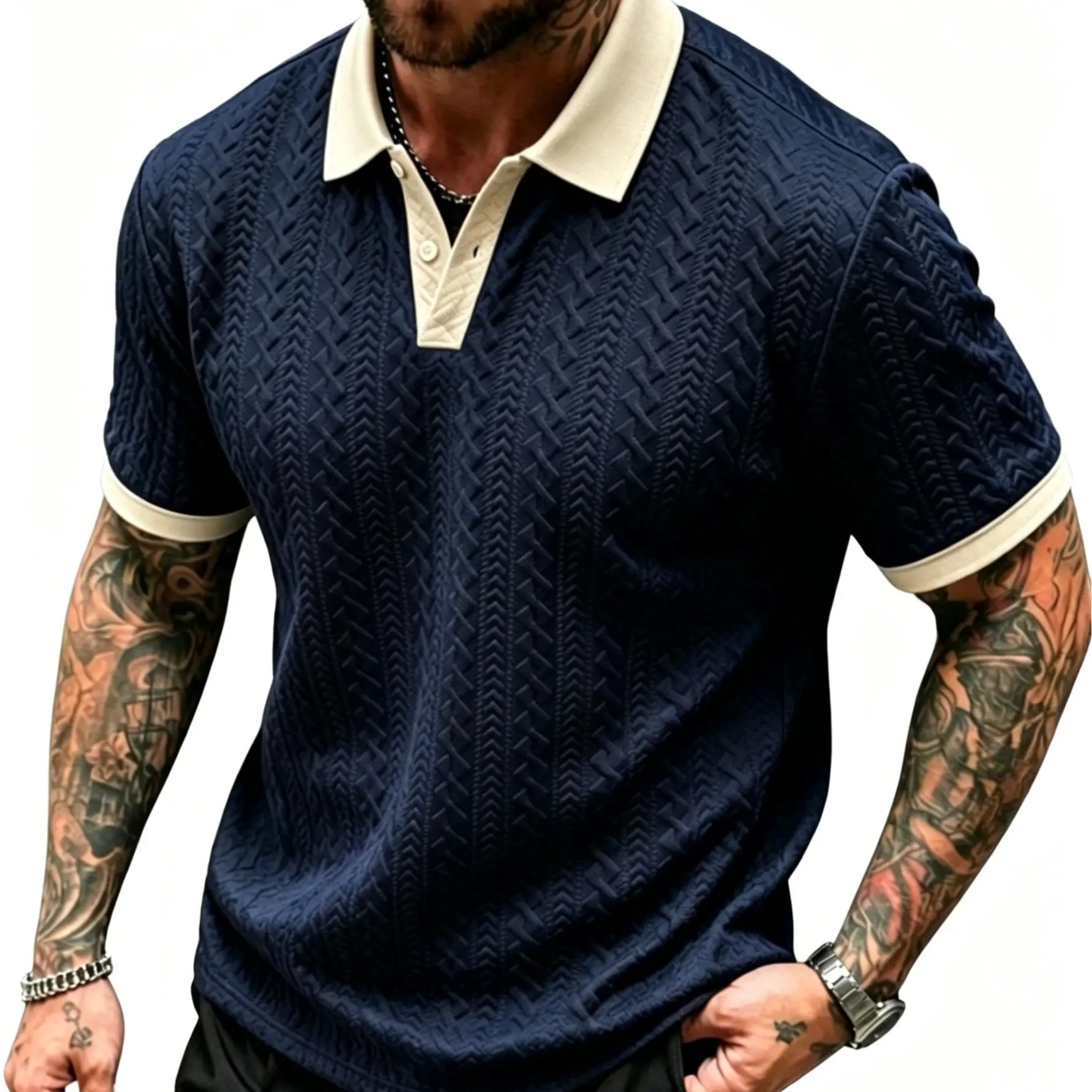 Men's Contrast Textured Knit Polo Shirt V-Neck Short Sleeve Old Money Casual Commuter Summer Tops