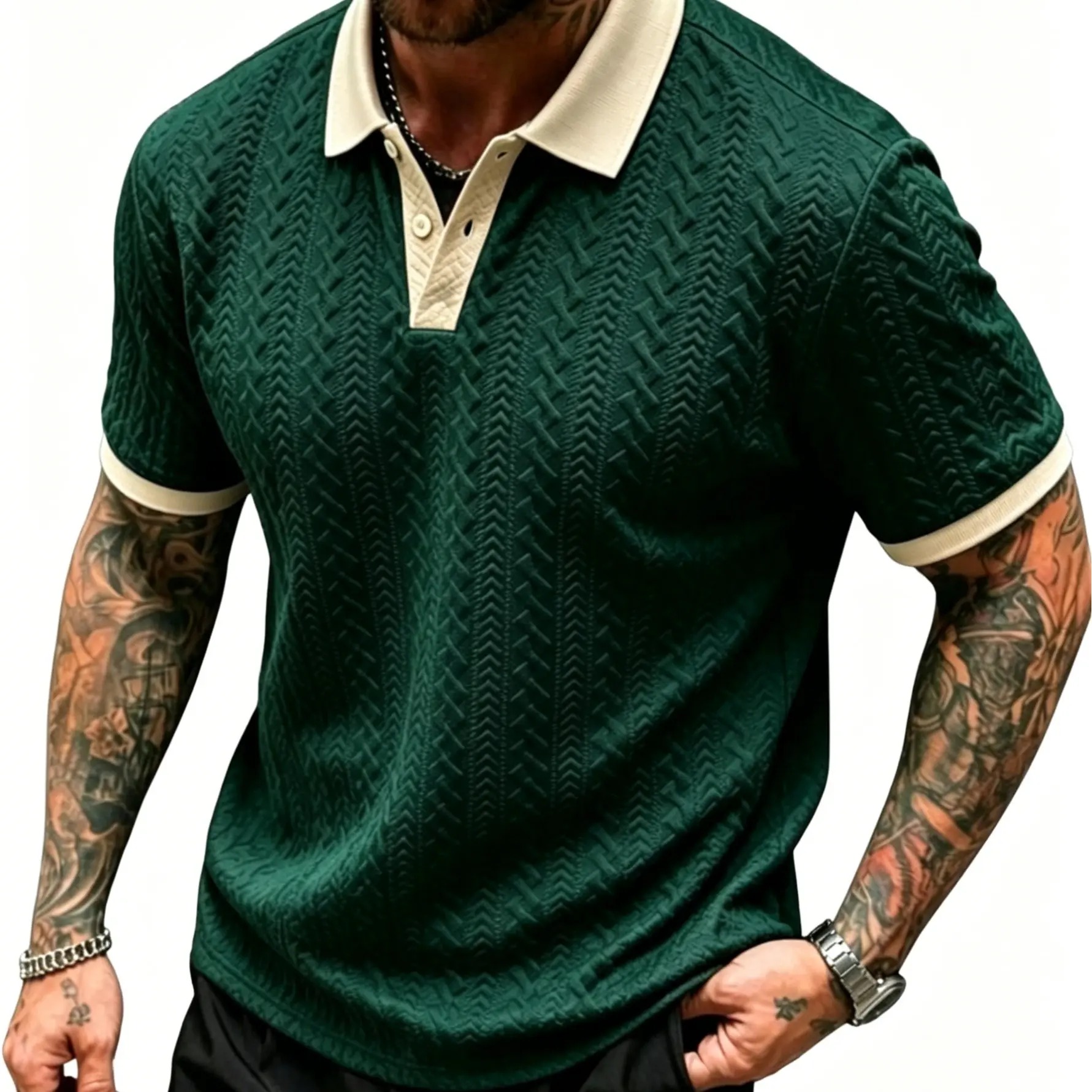 Men's Contrast Textured Knit Polo Shirt V-Neck Short Sleeve Old Money Casual Commuter Summer Tops