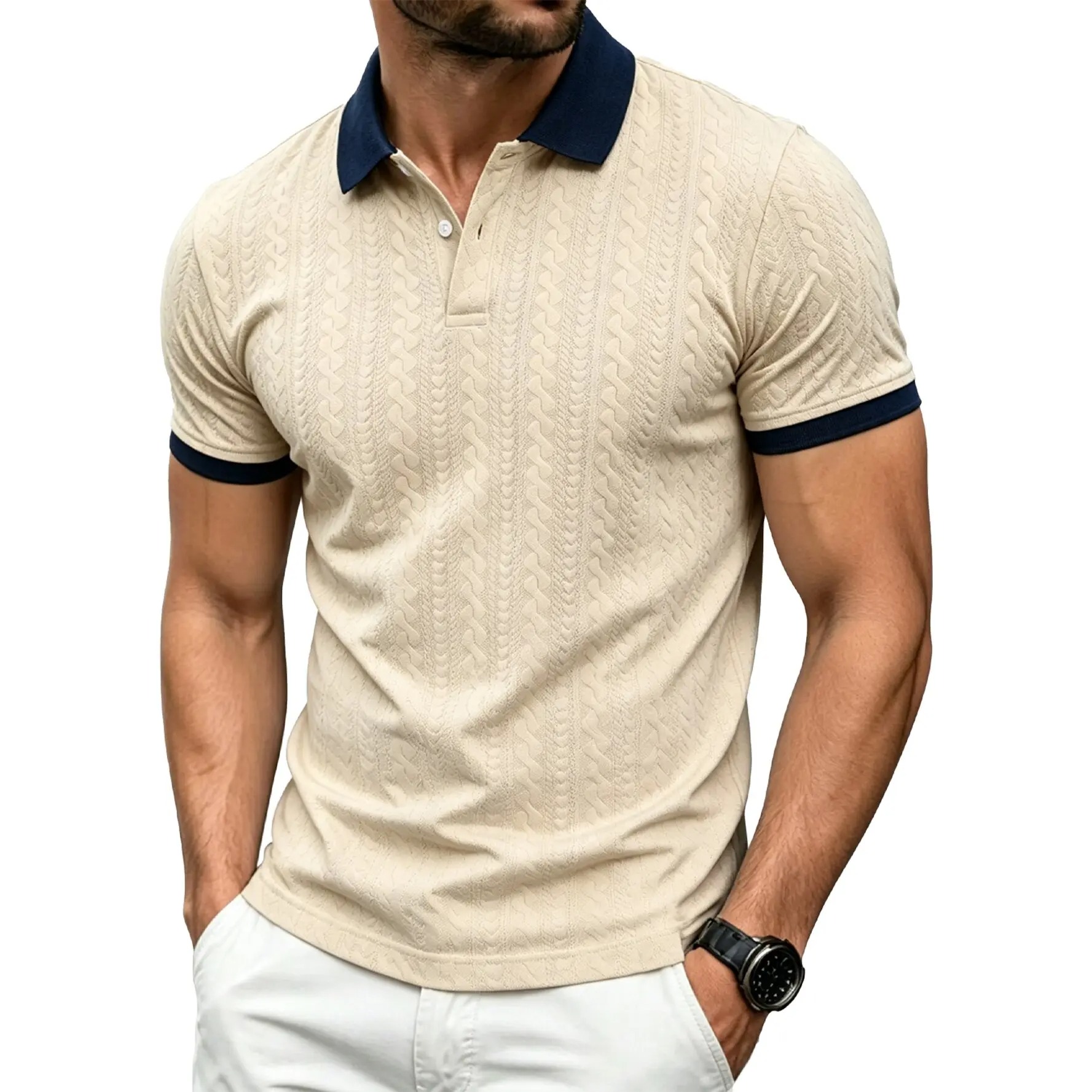Men's Contrast Textured Knit Polo Shirt V-Neck Short Sleeve Old Money Casual Commuter Summer Tops