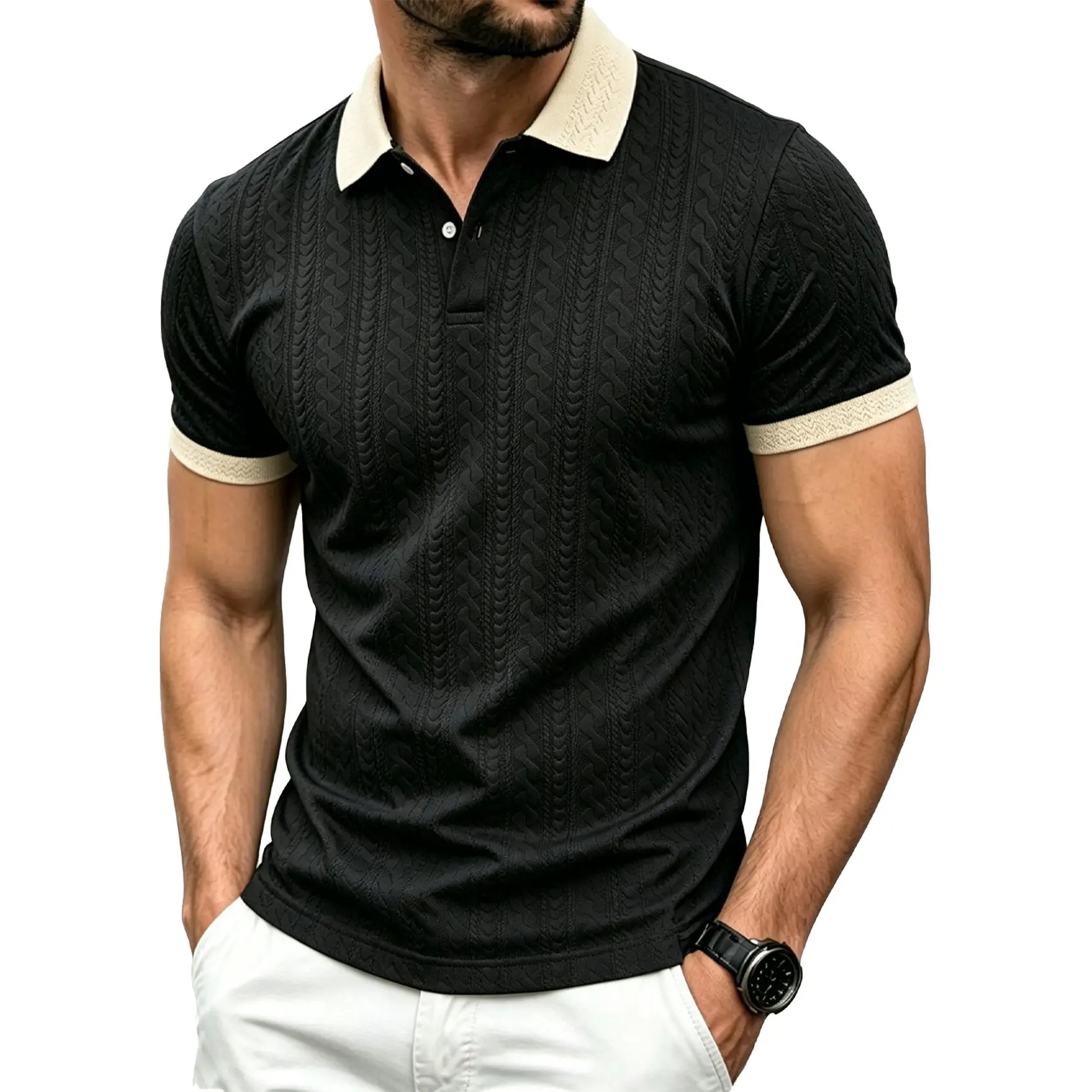 Men's Contrast Textured Knit Polo Shirt V-Neck Short Sleeve Old Money Casual Commuter Summer Tops