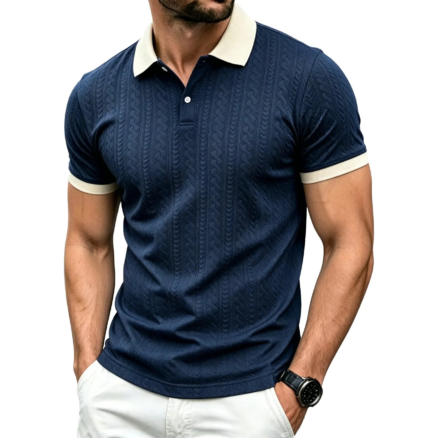 Men's Contrast Textured Knit Polo Shirt V-Neck Short Sleeve Old Money Casual Commuter Summer Tops