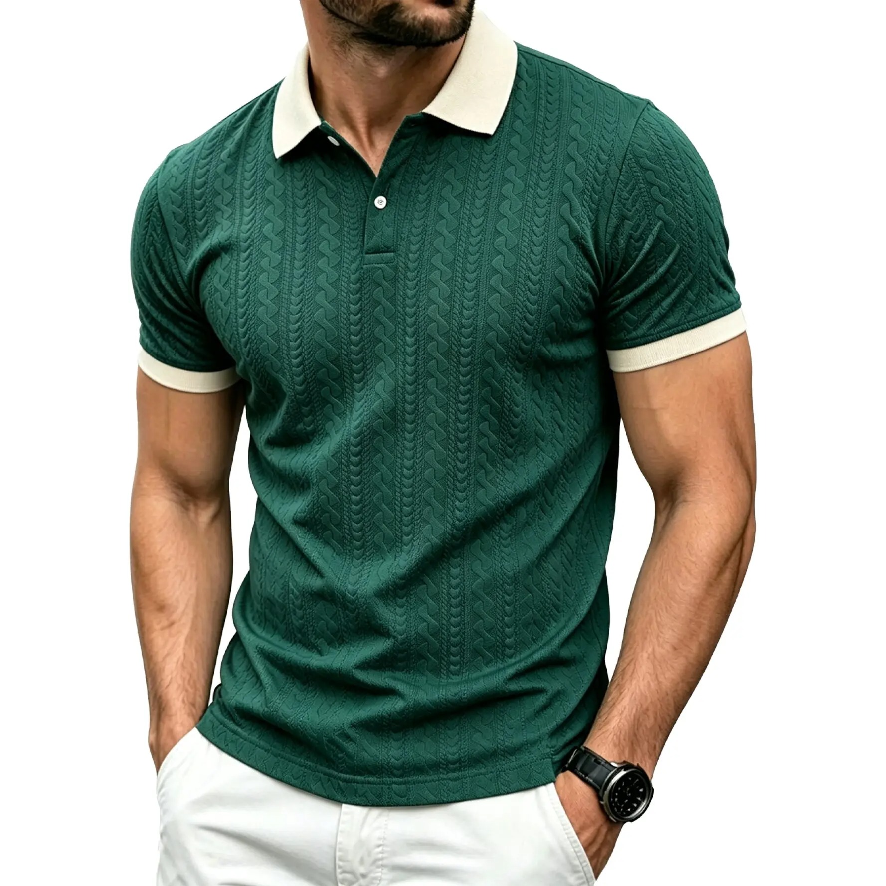 Men's Contrast Textured Knit Polo Shirt V-Neck Short Sleeve Old Money Casual Commuter Summer Tops