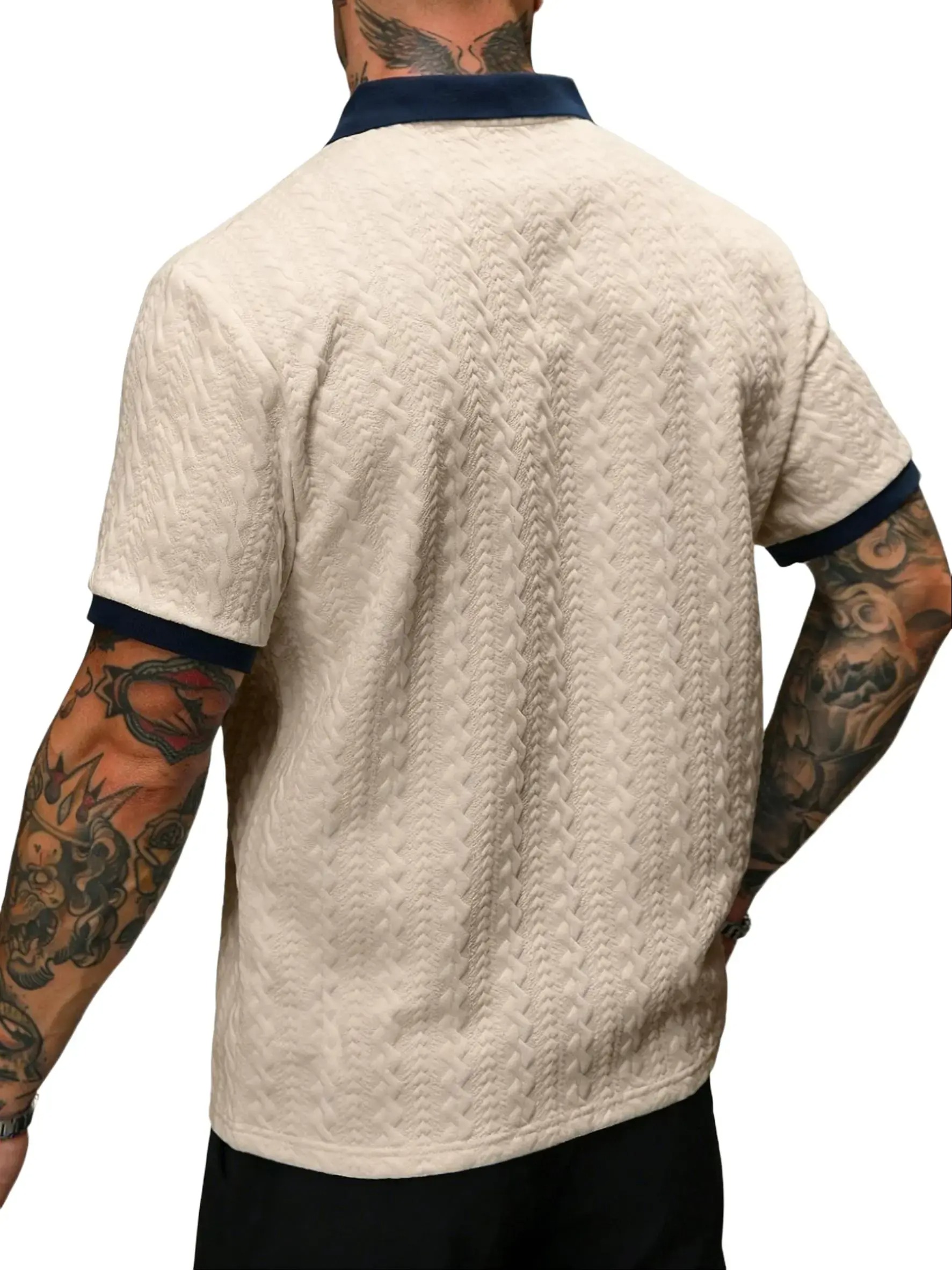 Men's Contrast Textured Knit Polo Shirt V-Neck Short Sleeve Old Money Casual Commuter Summer Tops