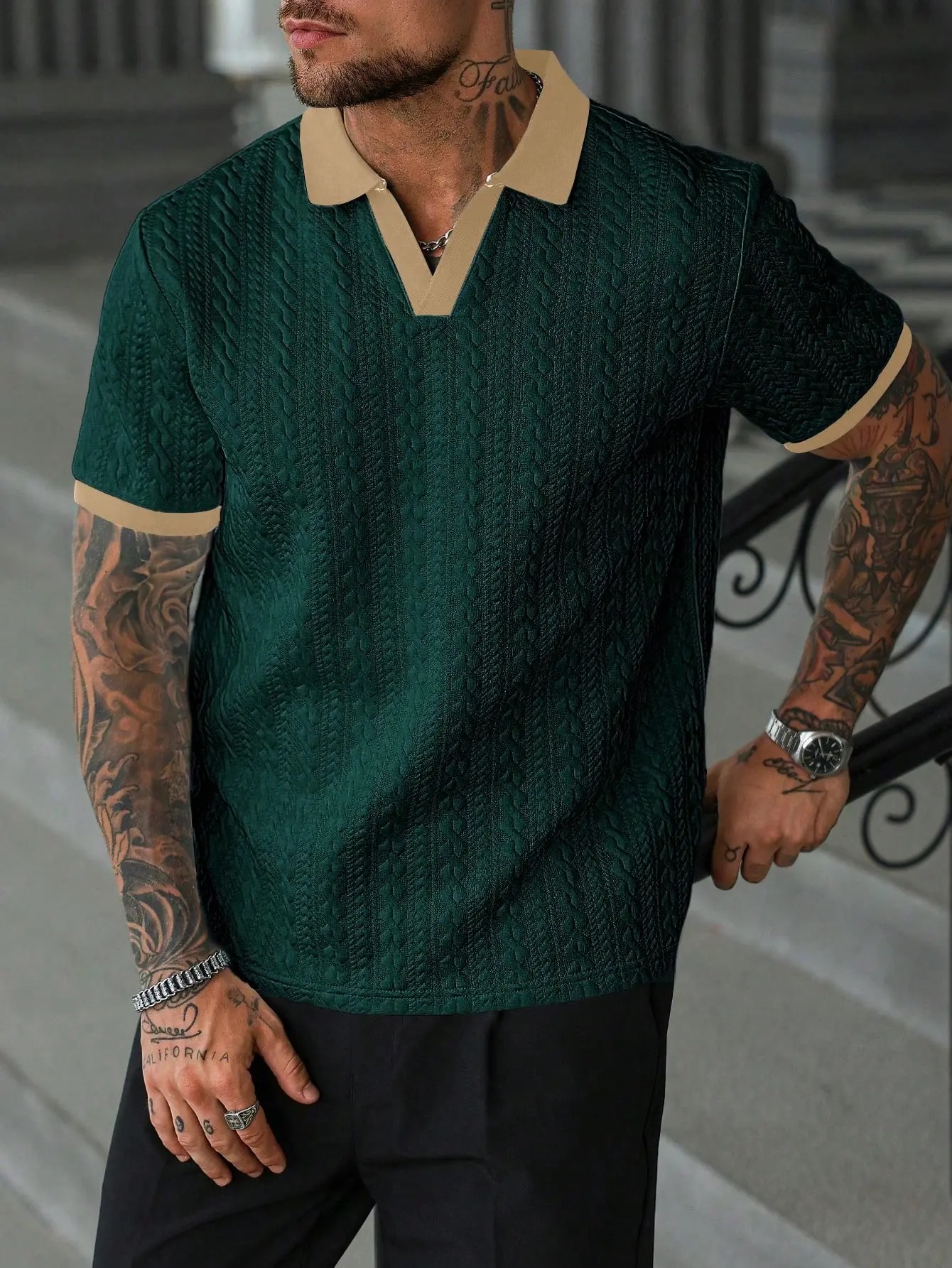 Men's Contrast Textured Knit Polo Shirt V-Neck Short Sleeve Old Money Casual Commuter Summer Tops