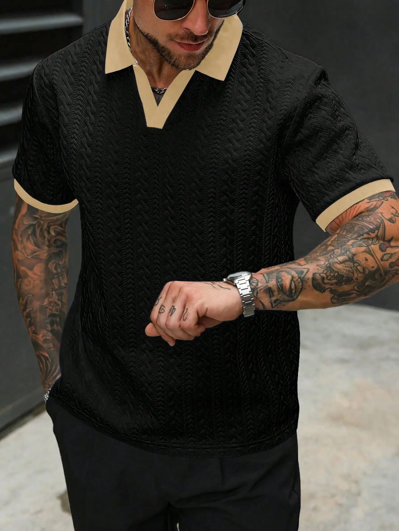 Men's Contrast Textured Knit Polo Shirt V-Neck Short Sleeve Old Money Casual Commuter Summer Tops