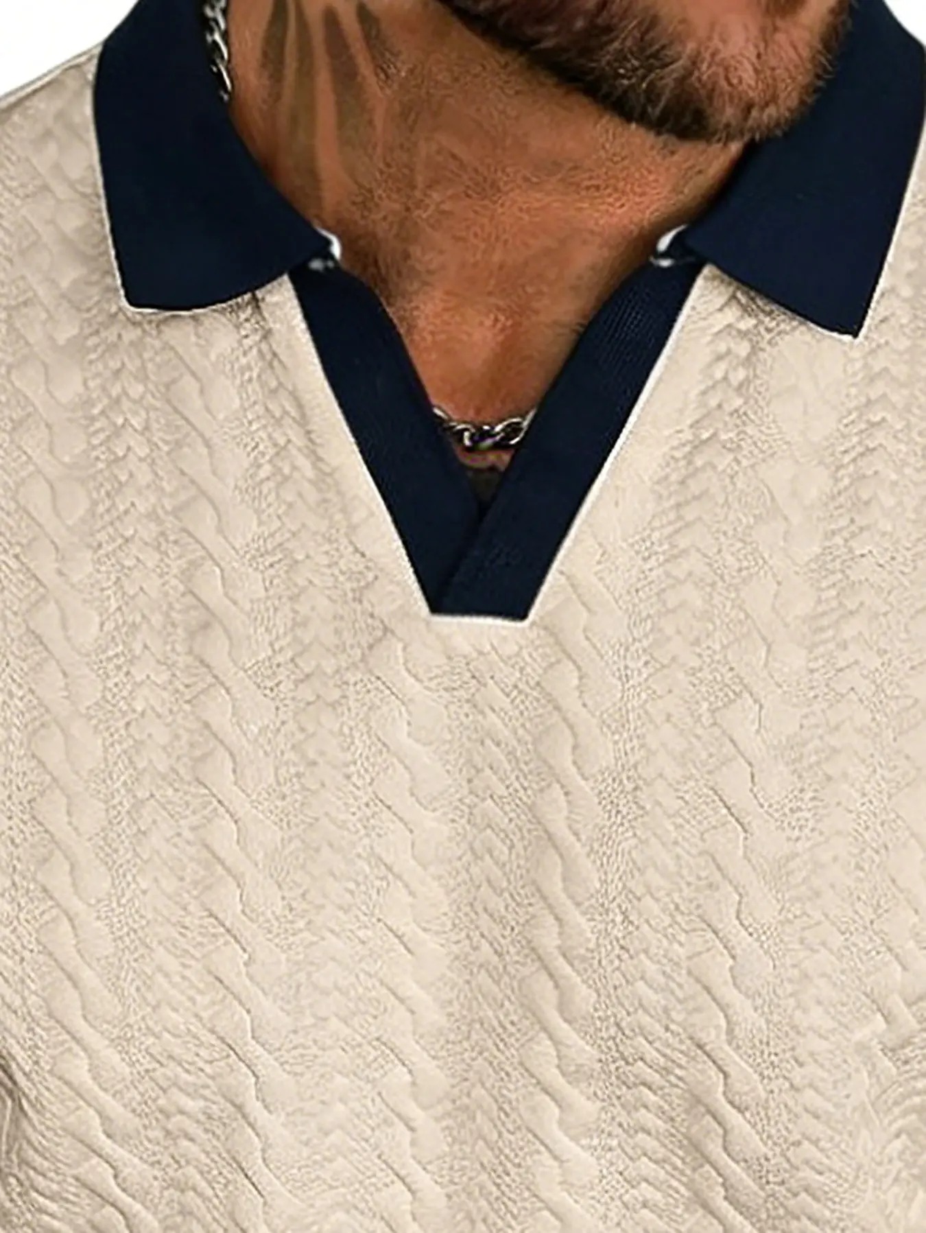 Men's Contrast Textured Knit Polo Shirt V-Neck Short Sleeve Old Money Casual Commuter Summer Tops