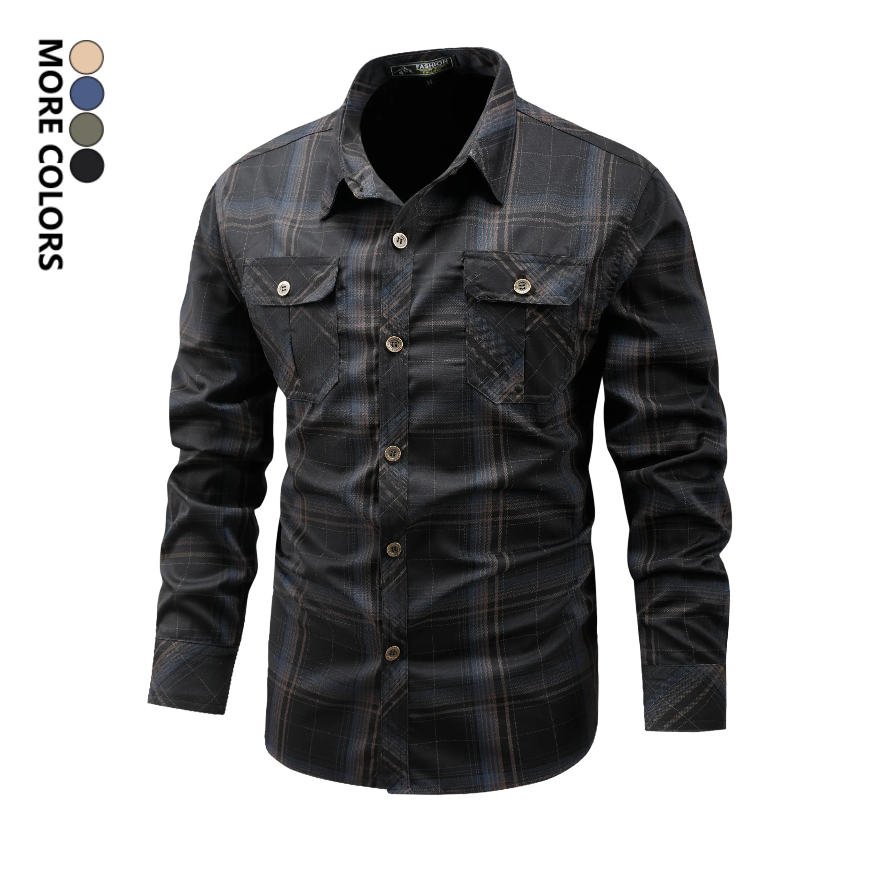 Men's Turn-Down Collar Plaid Long Sleeve Shirt Button Front Breathable Casual Light Business Tops