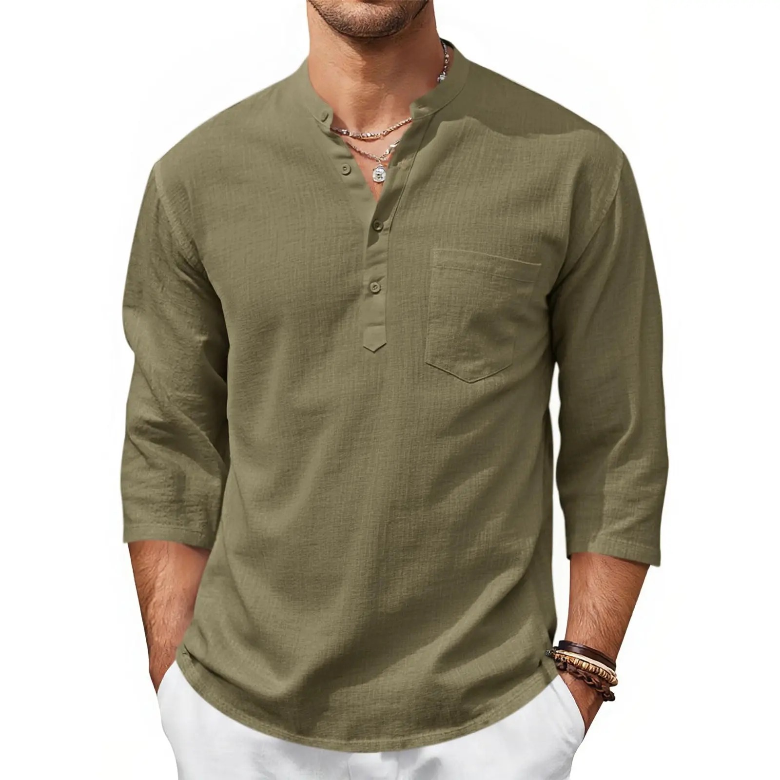 Men's Casual Henley Shirts 3/4 Sleeve Band Collar Cotton Linen Shirt Summer Beach Hippie T-Shirts with Pocket