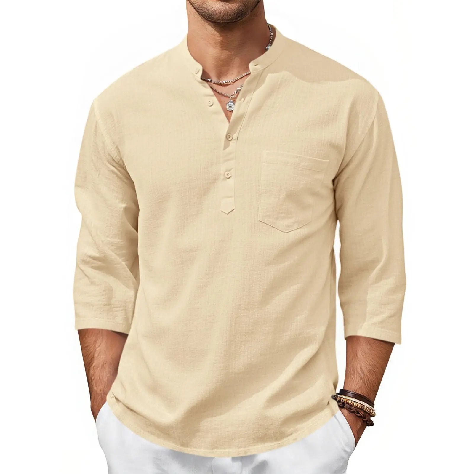 Men's Casual Henley Shirts 3/4 Sleeve Band Collar Cotton Linen Shirt Summer Beach Hippie T-Shirts with Pocket