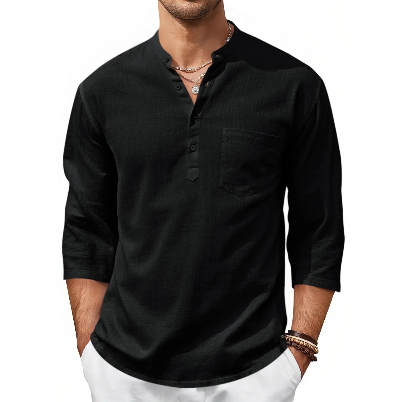 Men's Casual Henley Shirts 3/4 Sleeve Band Collar Cotton Linen Shirt Summer Beach Hippie T-Shirts with Pocket