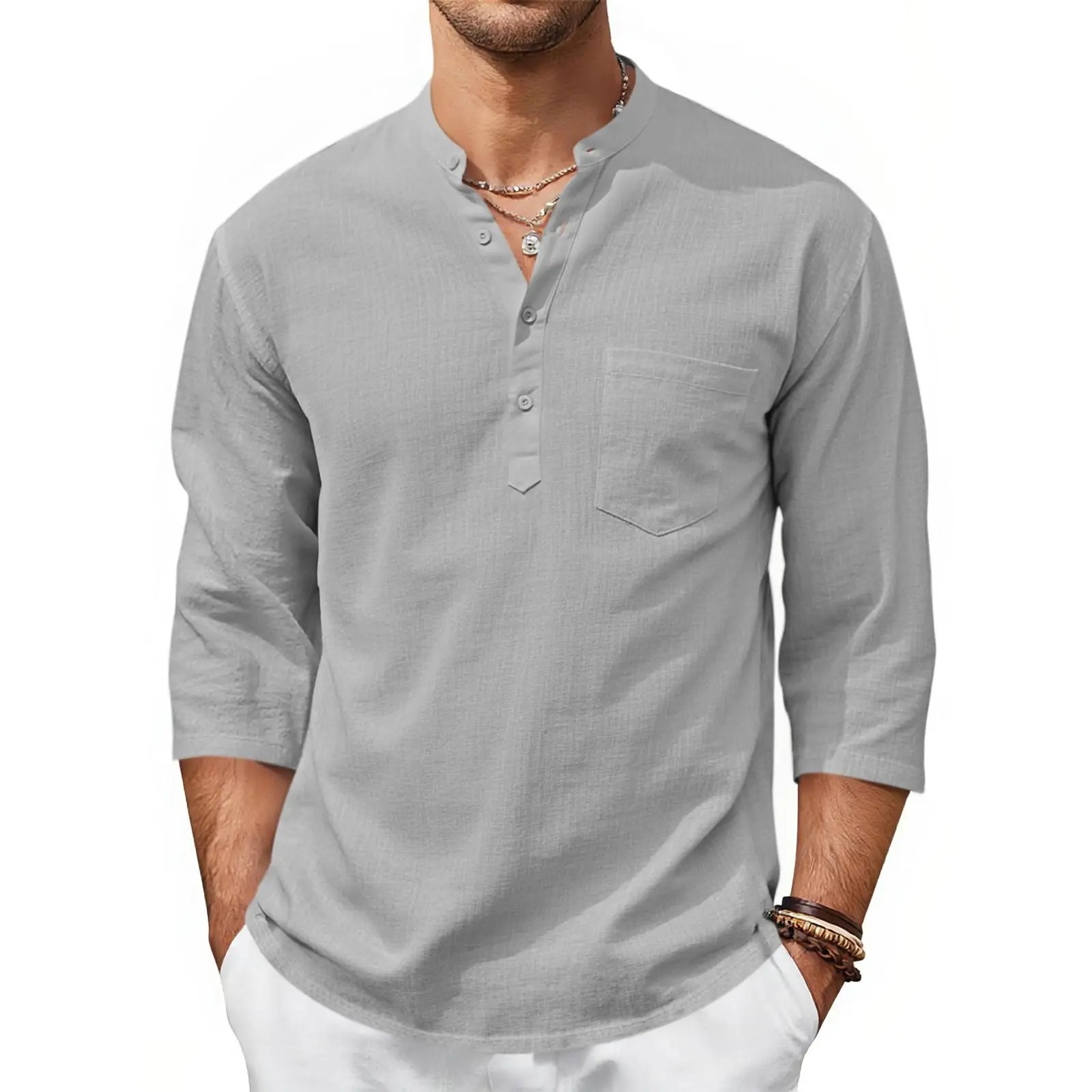Men's Casual Henley Shirts 3/4 Sleeve Band Collar Cotton Linen Shirt Summer Beach Hippie T-Shirts with Pocket